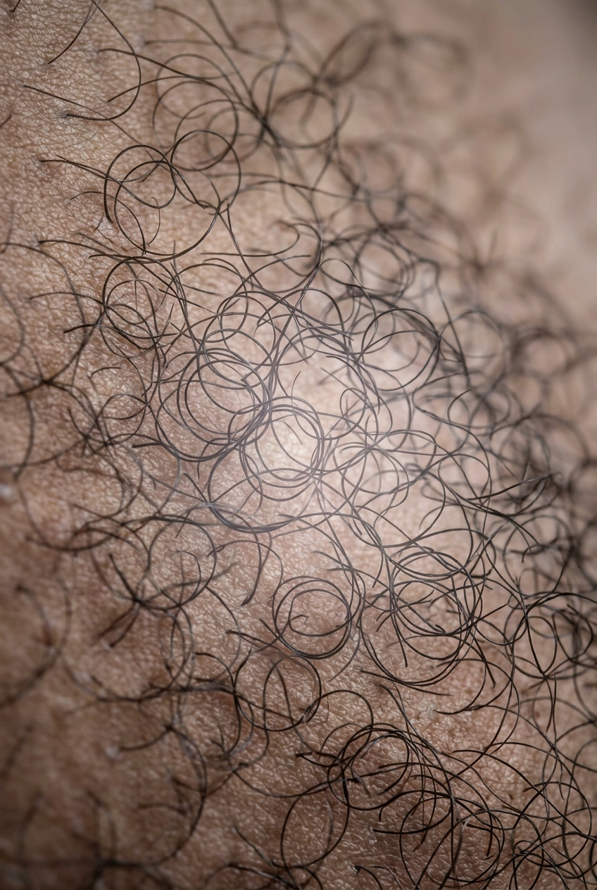 Dense net-like curly pubic hair pattern on skin