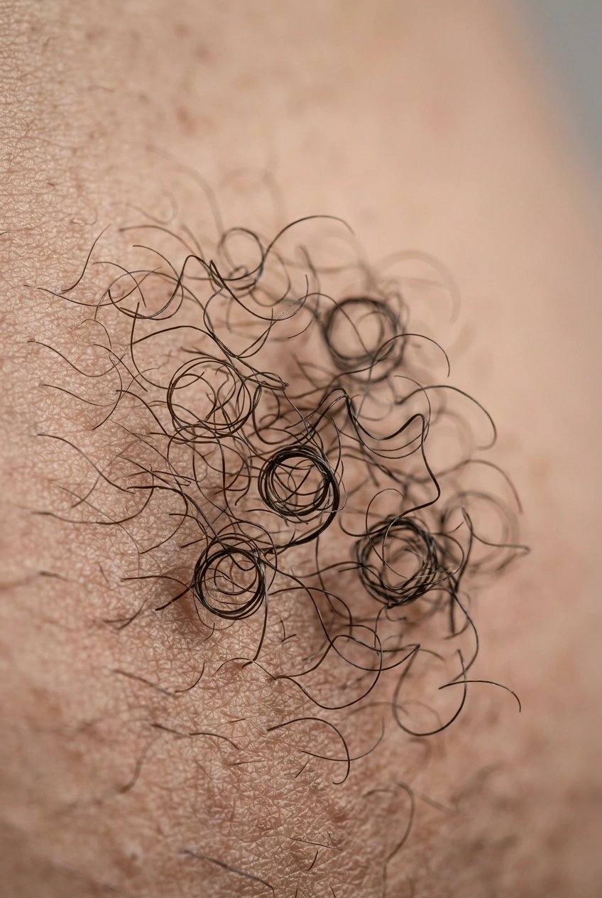 Close-up macro of pubic hair on skin showing curly coarse texture