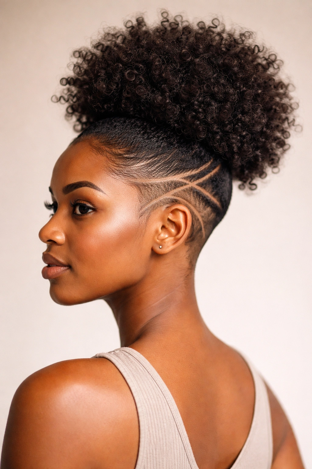 20 Short Natural Hairstyles You Ll Want To Try 4 Side view of a high puff with shaved geometric lines
