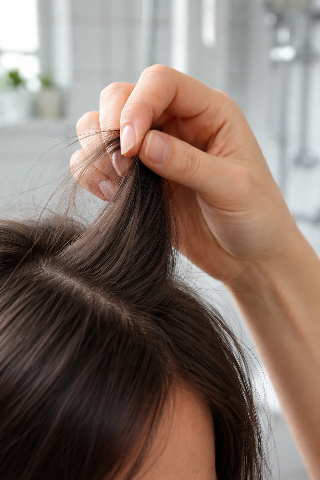 Hand pulling a small hair section near the scalp during a pull test