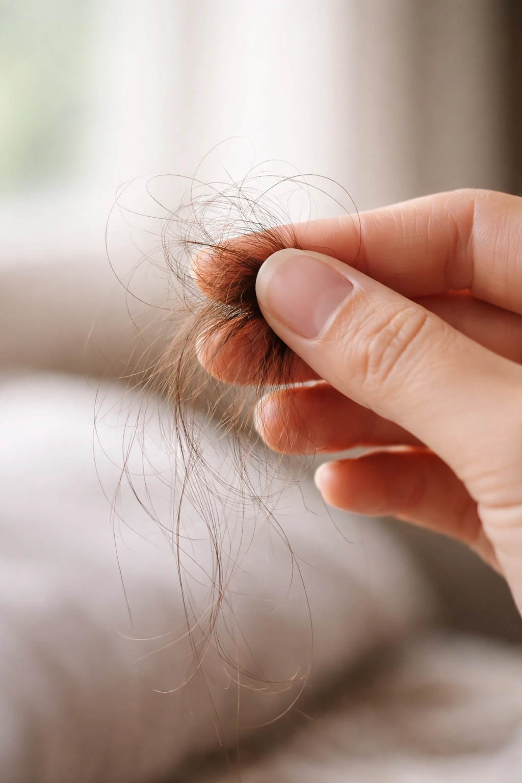 Hand pinching multiple hair strands to indicate excessive shedding