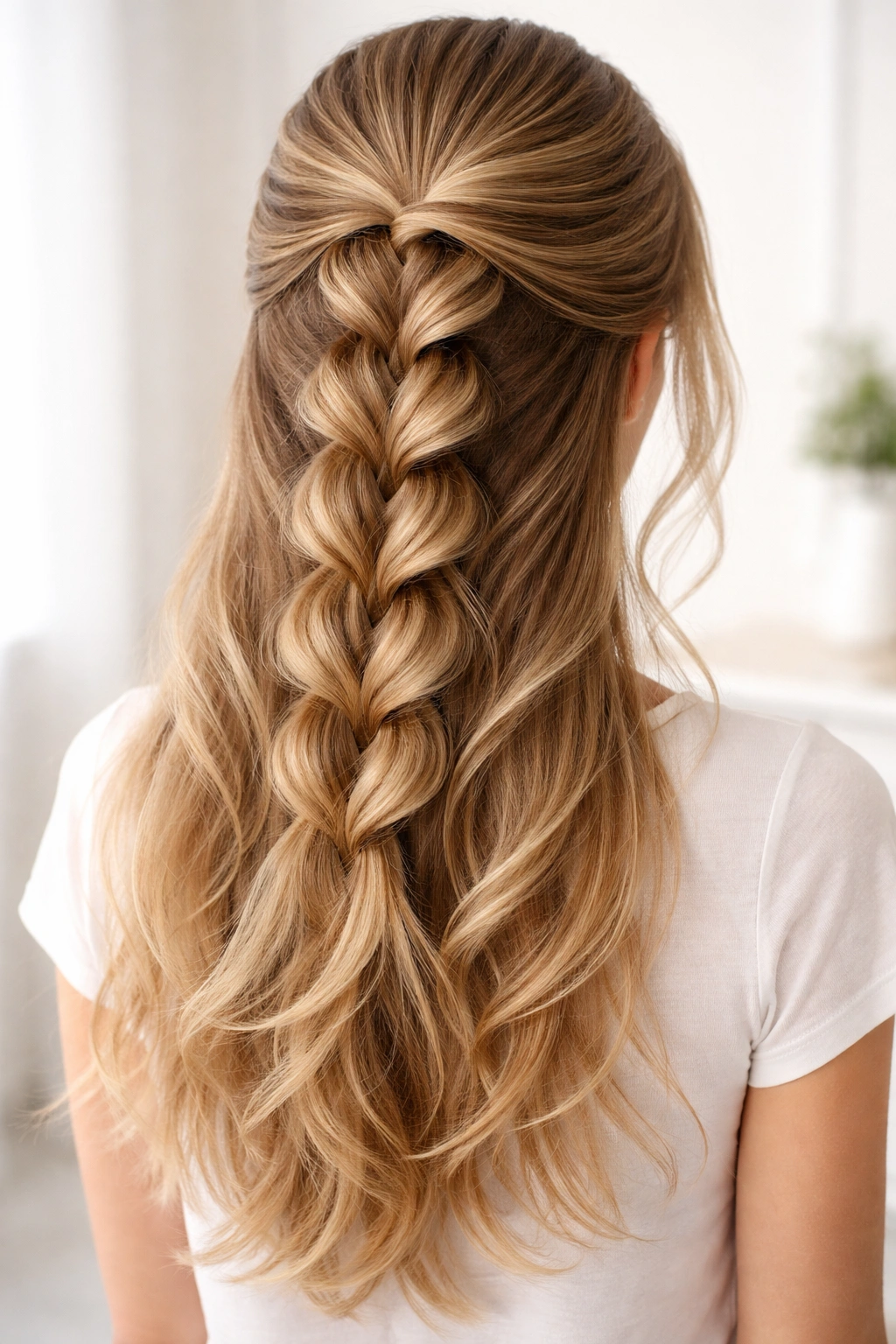 Pulled-through braid creates voluminous loops along crown with layered ends