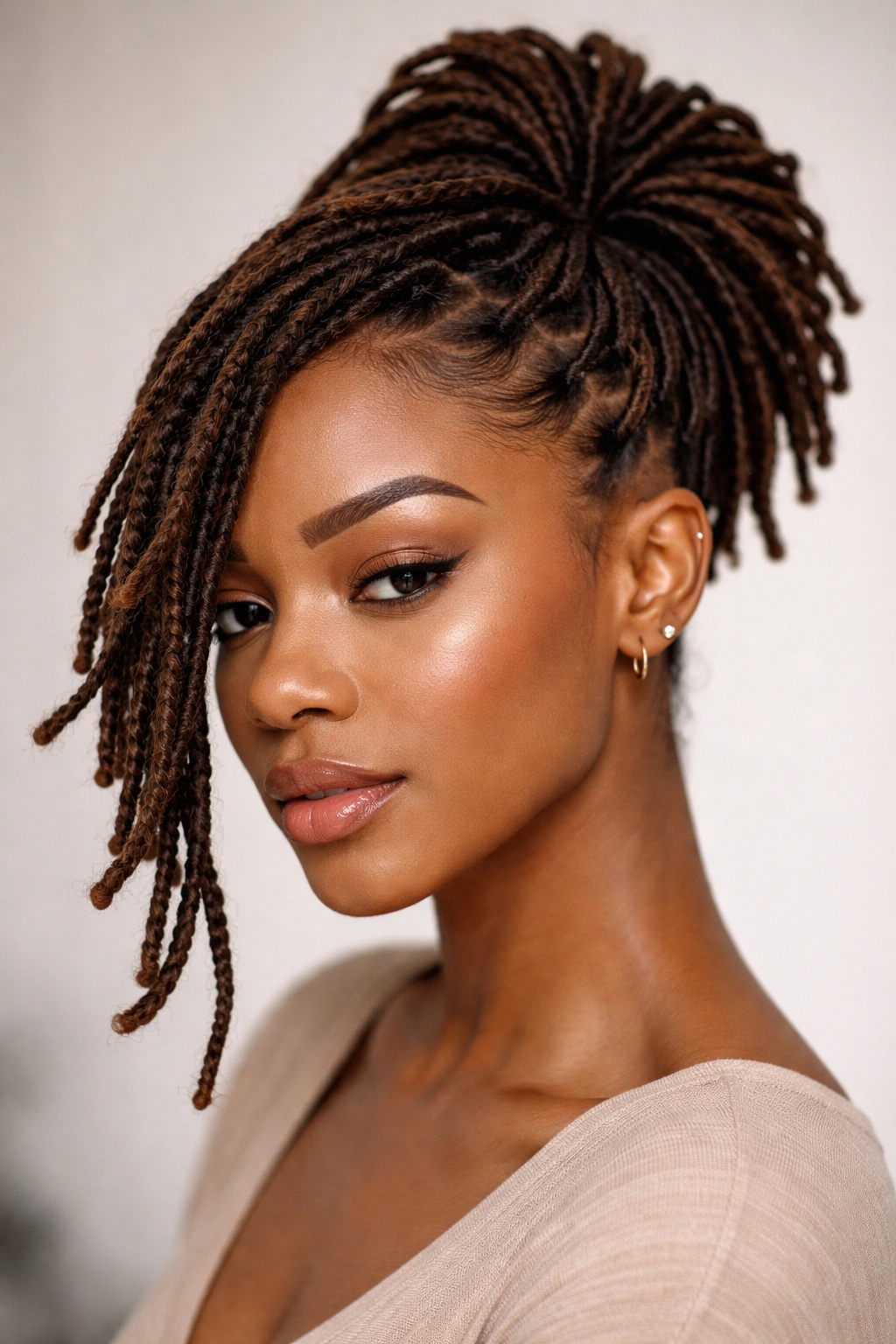 Close-up of short locs styled into a high ponytail with a side-swept strand