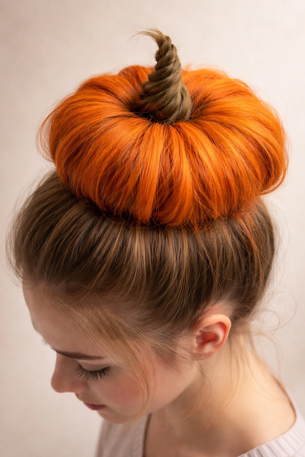 High bun colored orange with a small hair twist stem, studio lighting.