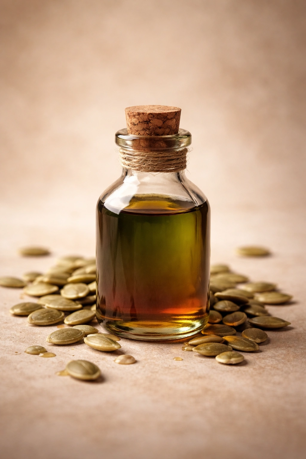 Pumpkin seed oil bottle on warm neutral background