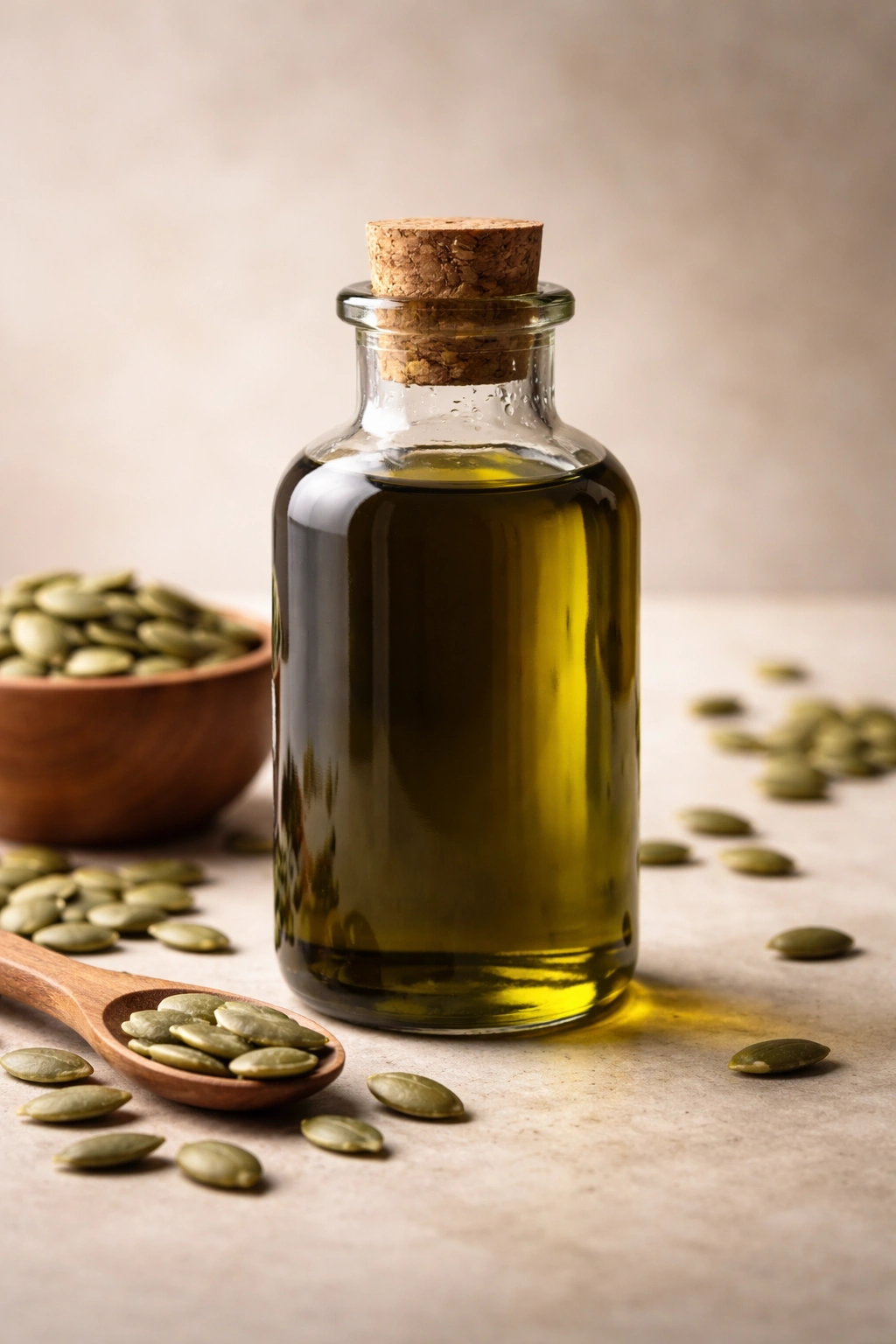 Close-up of a label-free glass bottle with green pumpkin seed oil on a neutral background