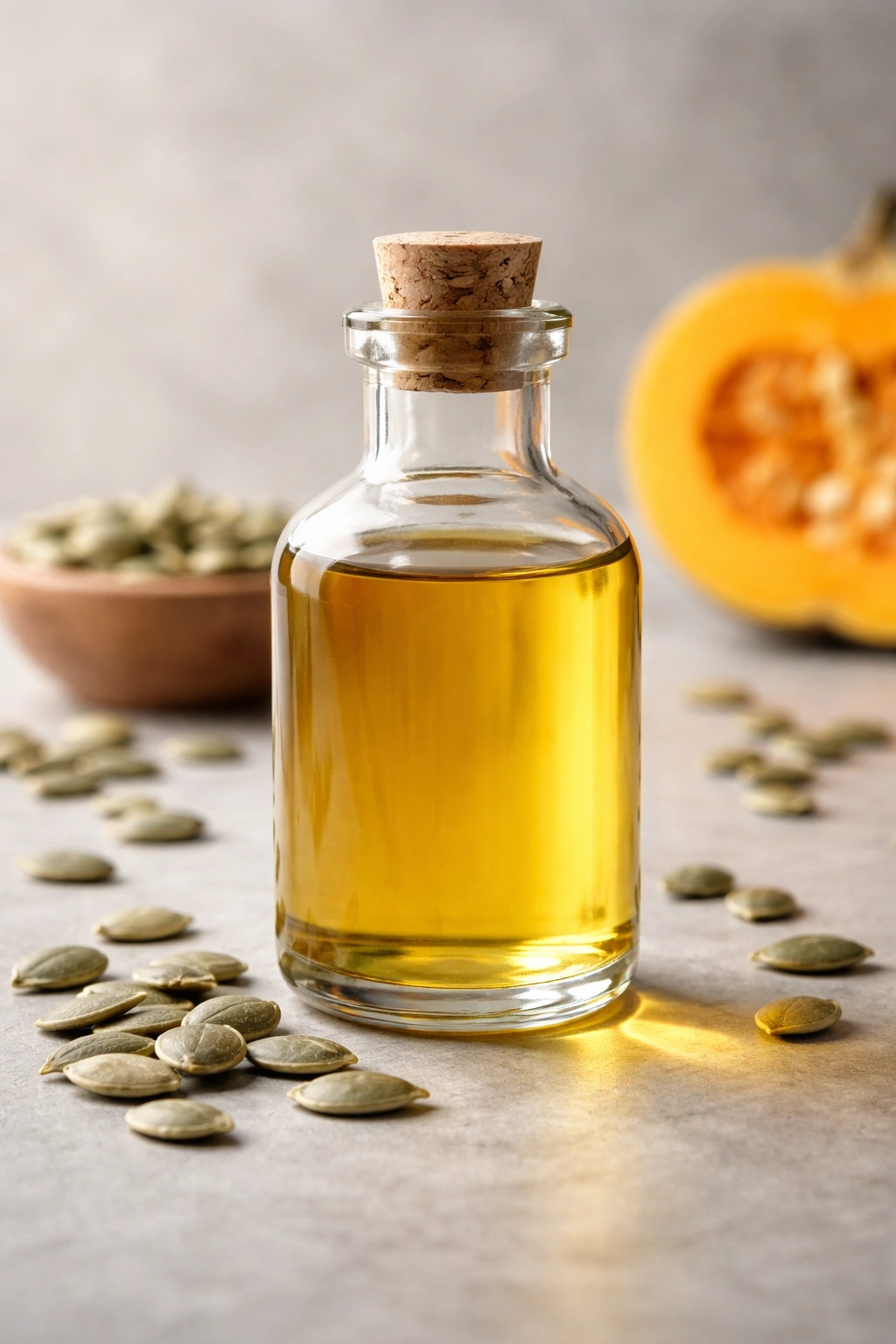 Bottle of pumpkin seed oil on gray backdrop with reflection