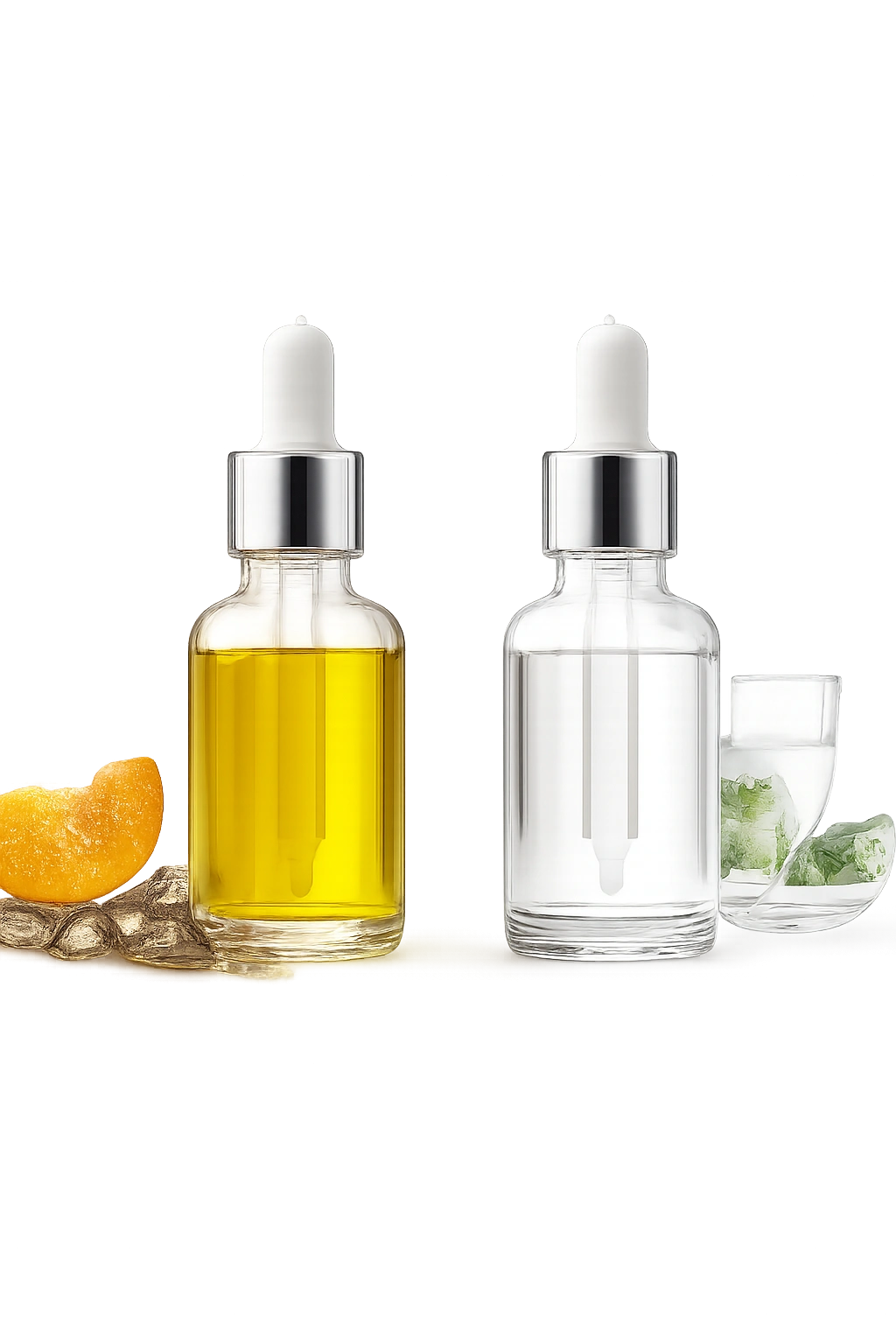 Two glass dropper bottles side by side on a neutral background