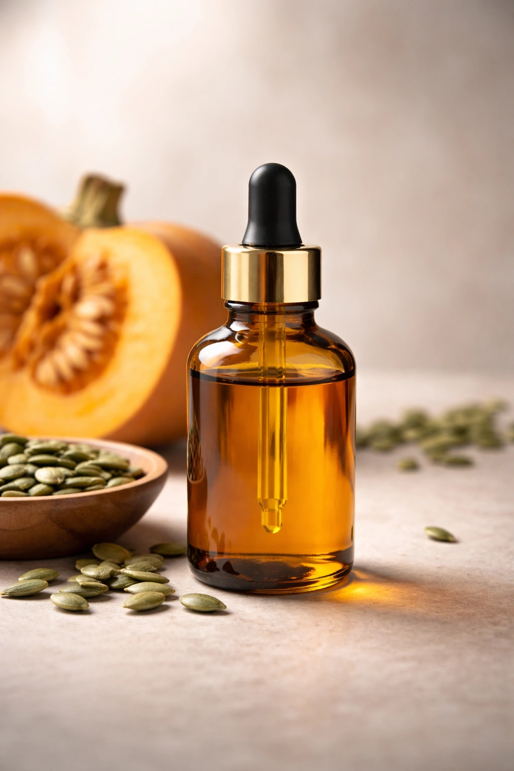 Contemplative close-up of a pumpkin seed oil container on a neutral surface