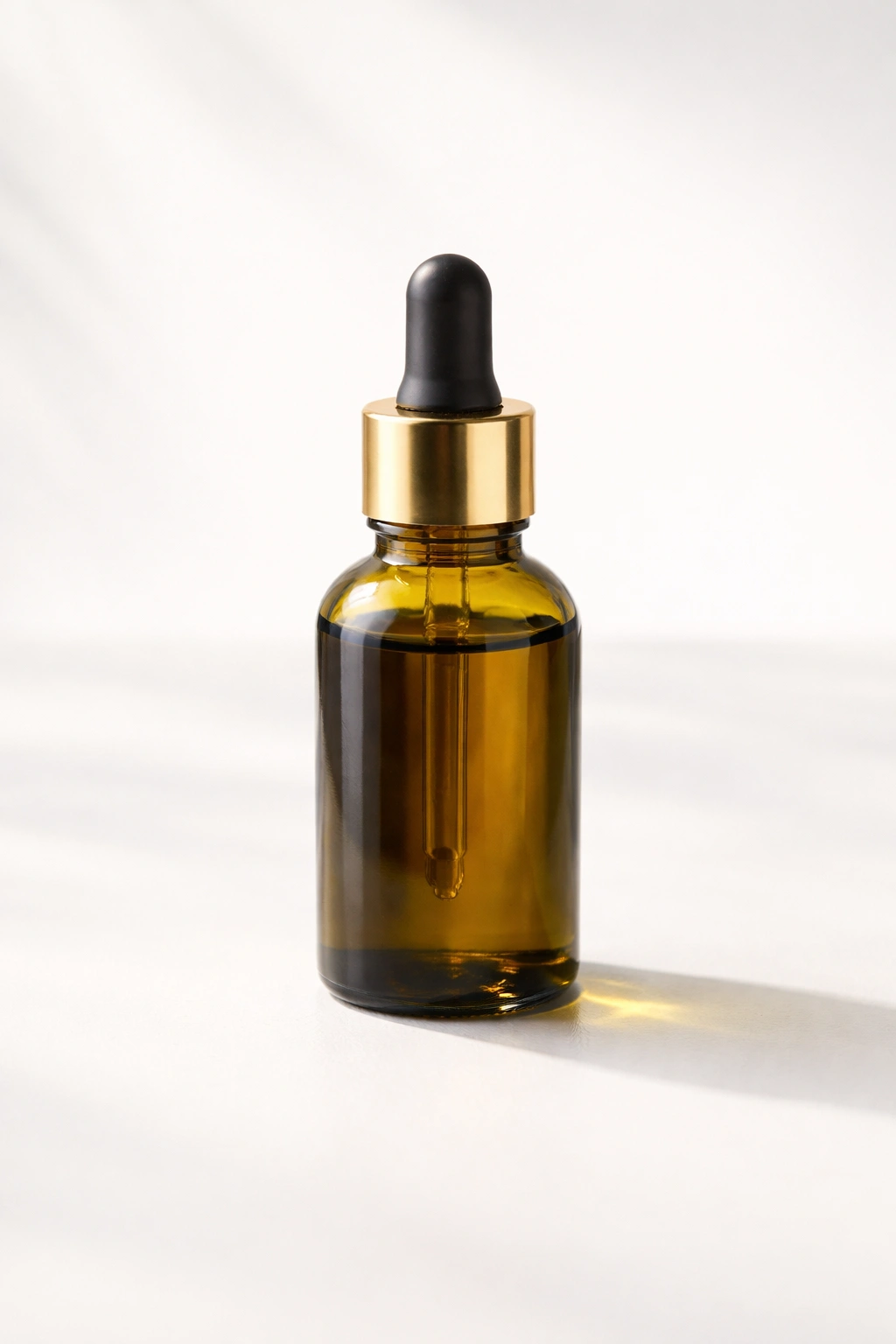 Pumpkin seed oil bottle on plain background in daylight