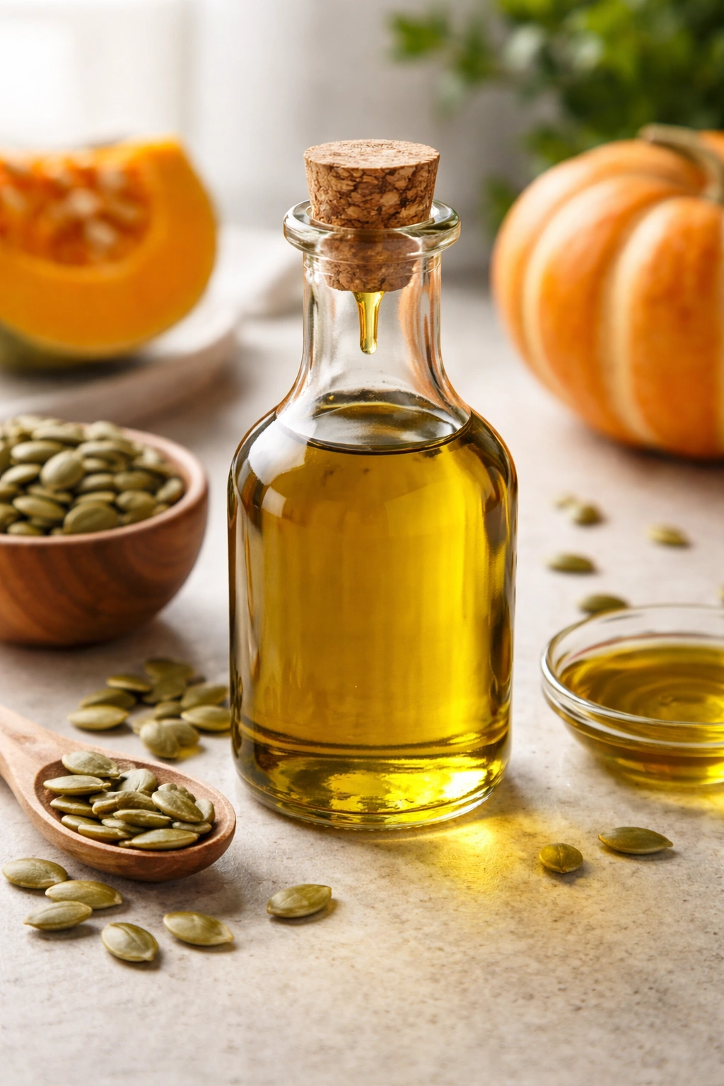 Pumpkin seed oil bottle with a droplet at the neck