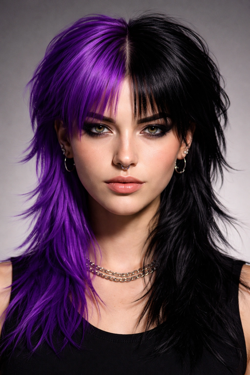Electric purple and black split-dye mullet in studio portrait