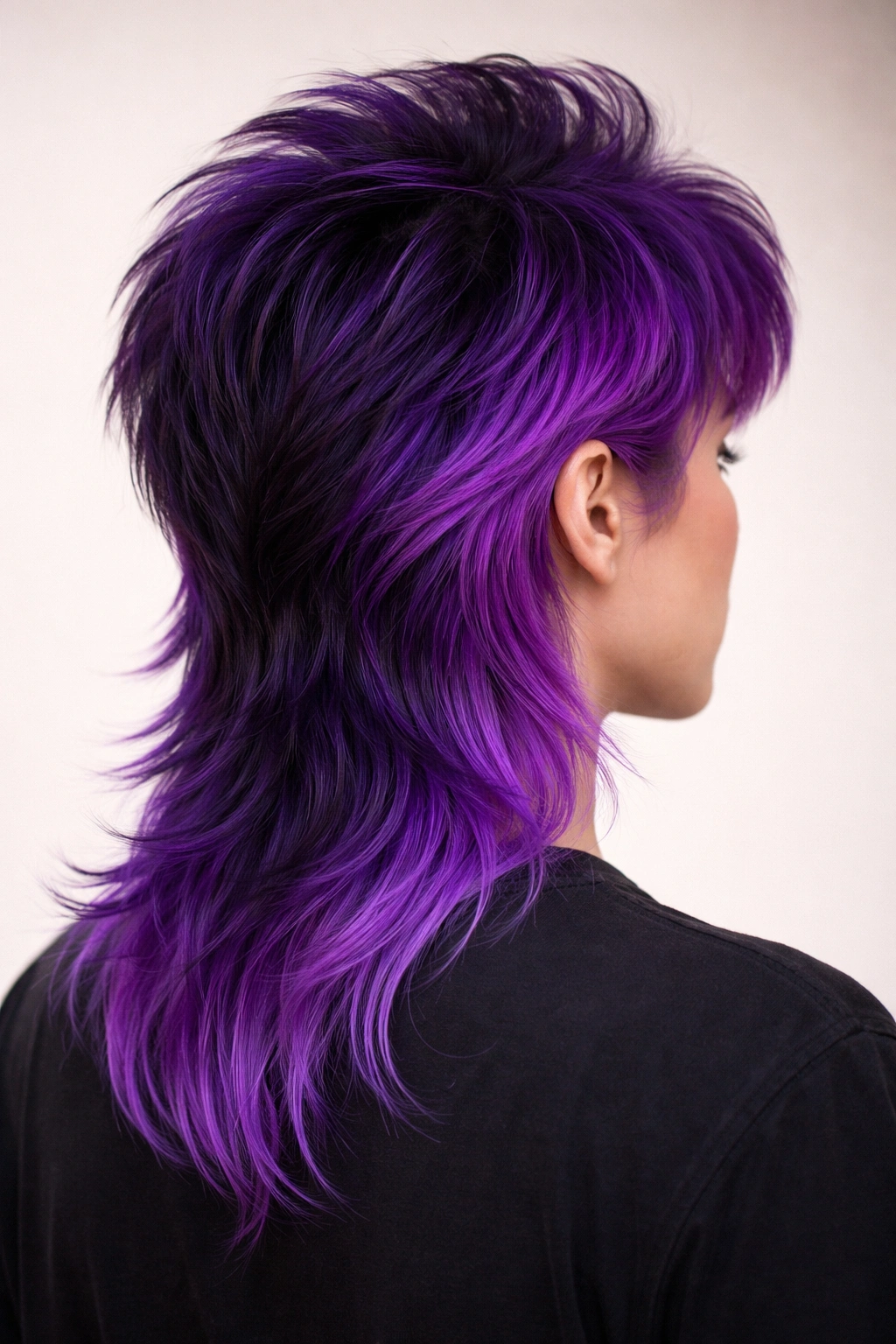 12 Dyed Mullet Haircuts Full Of Personality 12 Three-quarter view of a mullet with deep purple back and violet sides
