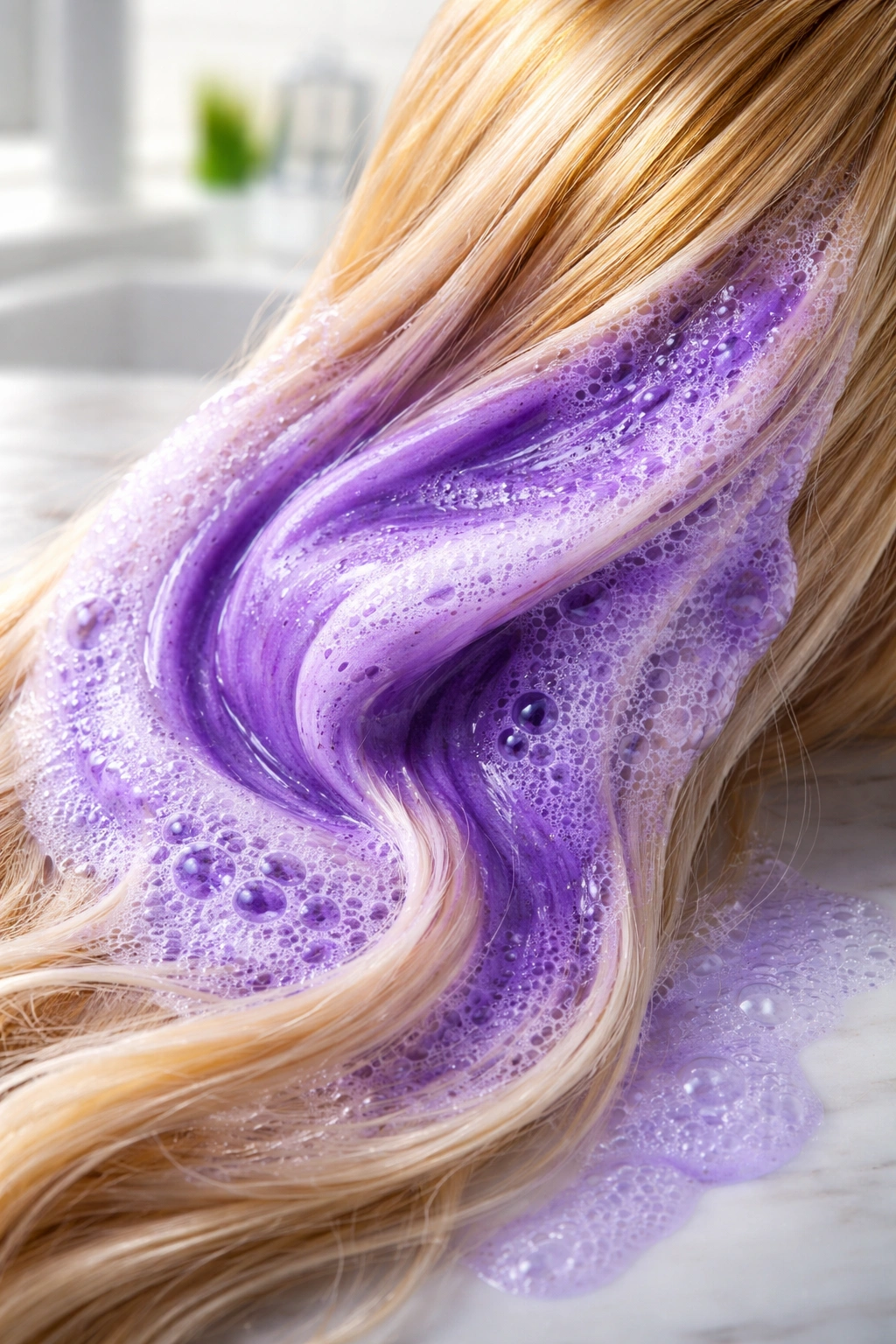Hair with purple shampoo lather on light hair