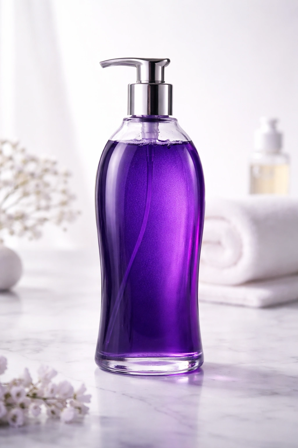 Close-up of a purple shampoo bottle with no label on a white studio background