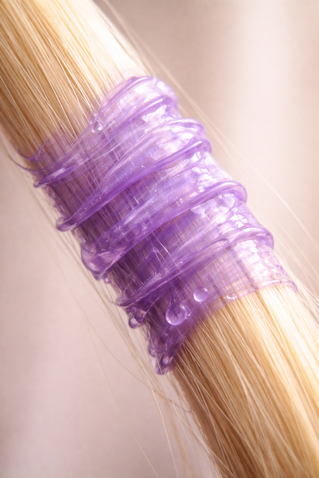 Hair strand with buildup of violet pigment on its surface