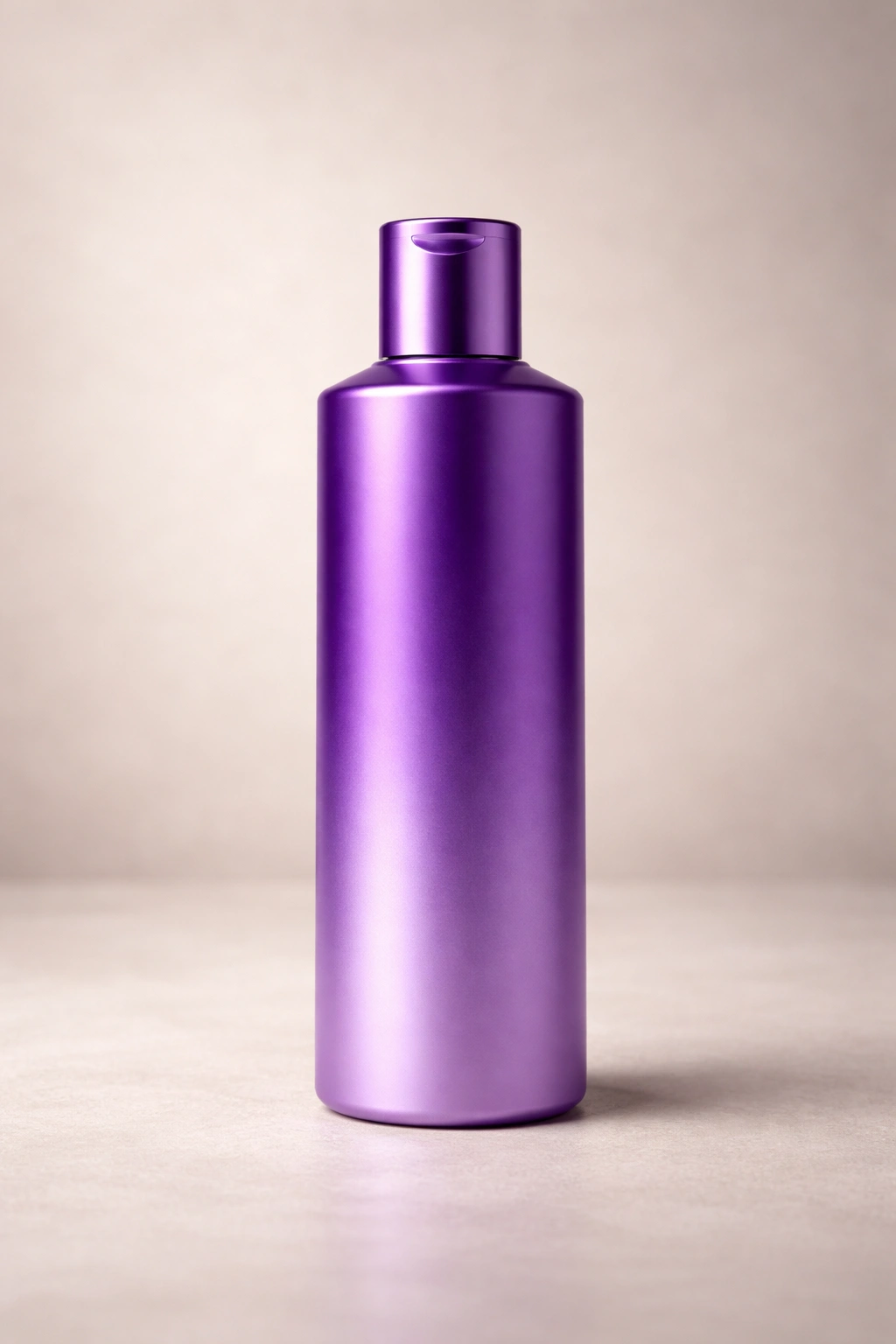 Purple shampoo bottle on neutral background with soft lighting