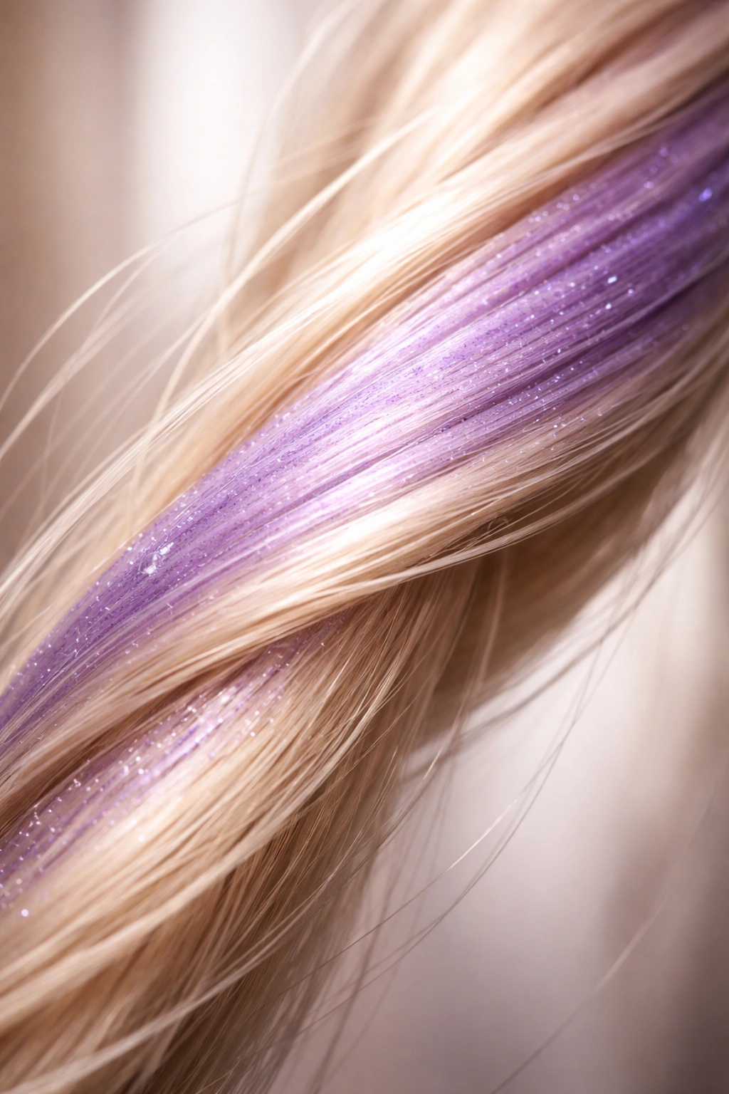 Close-up of blonde hair with subtle purple surface tint illustrating purple shampoo color theory