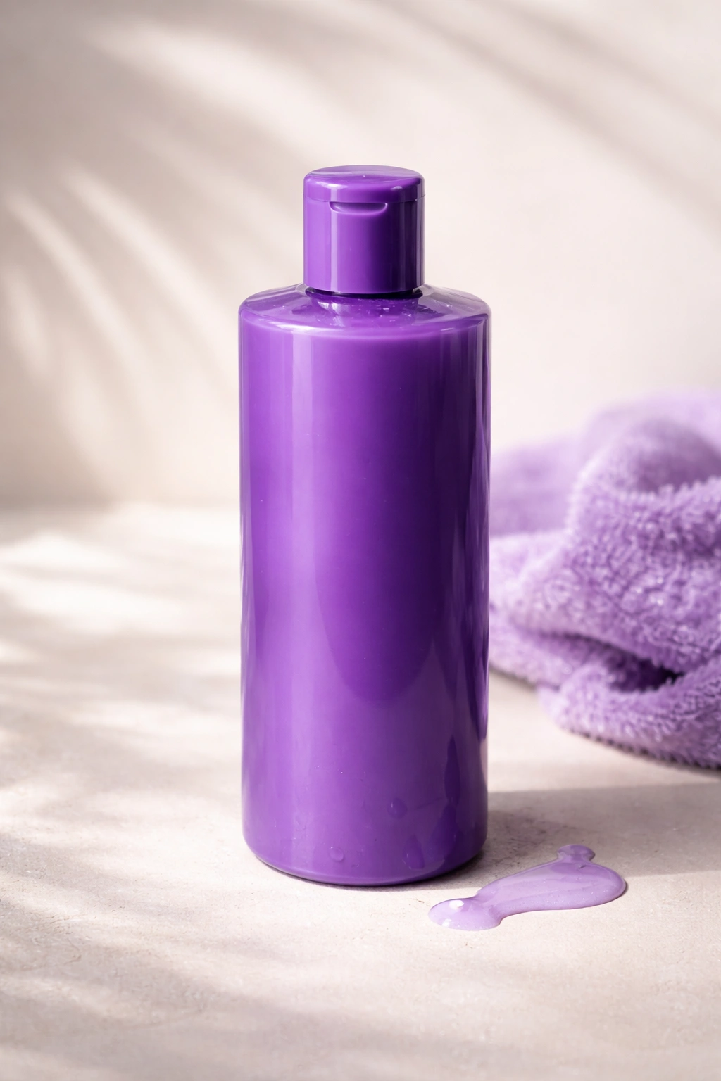 Purple shampoo bottle on neutral background with soft lighting