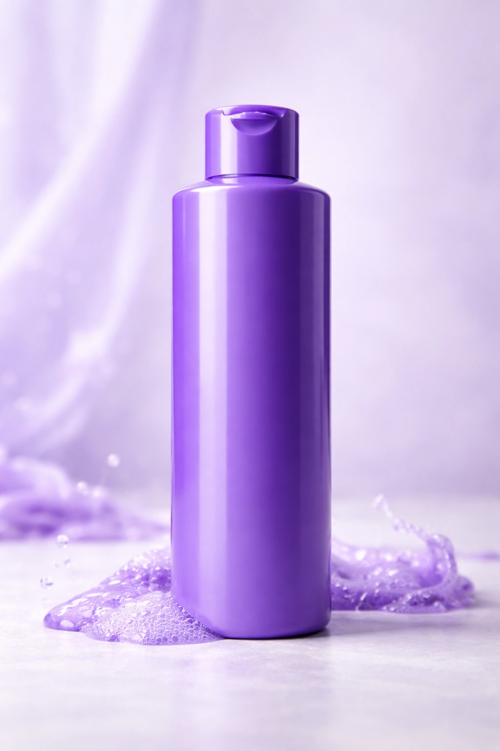 Purple shampoo bottle centered on plain background with studio lighting