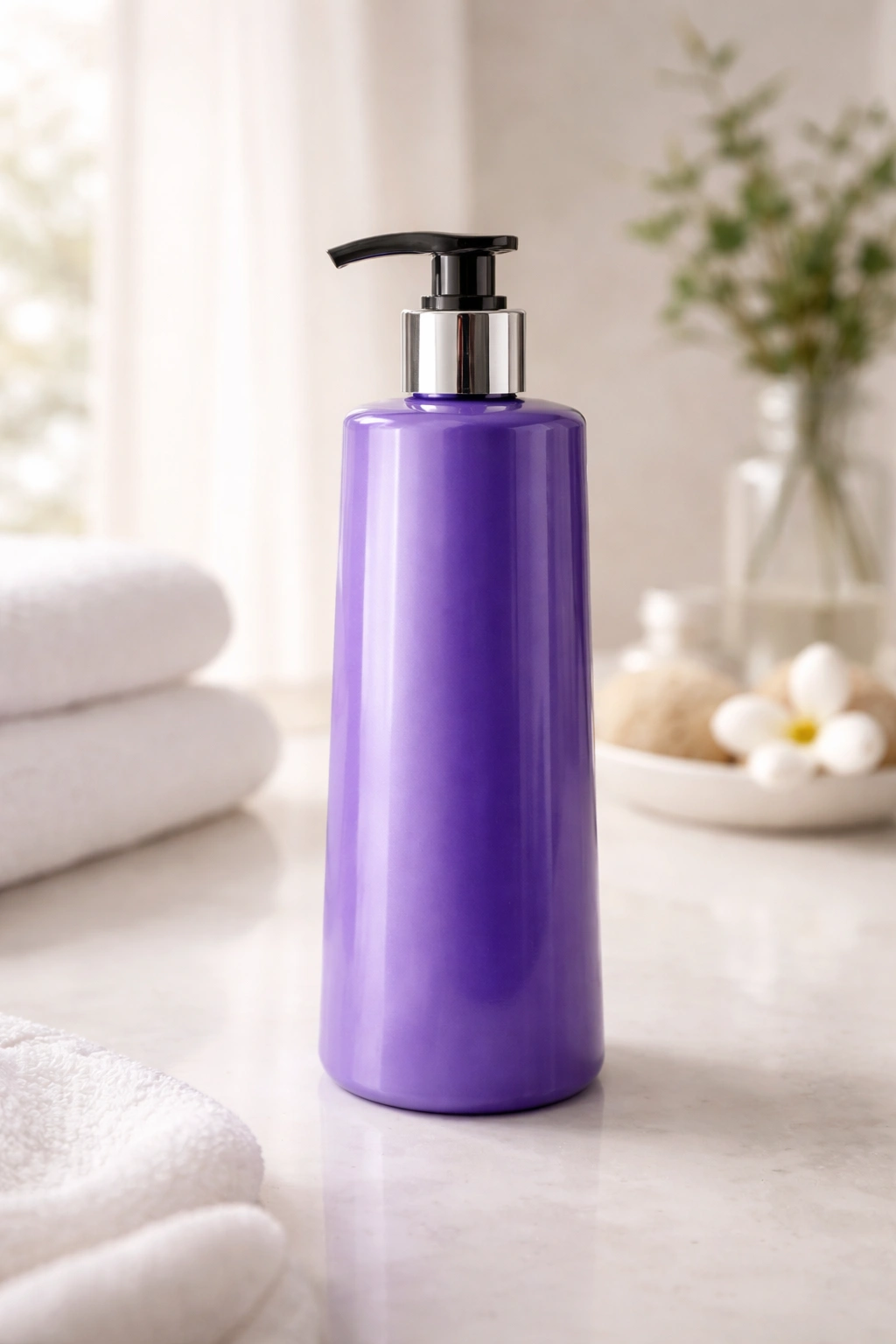 Purple shampoo bottle with pump on a clean bathroom counter, no text