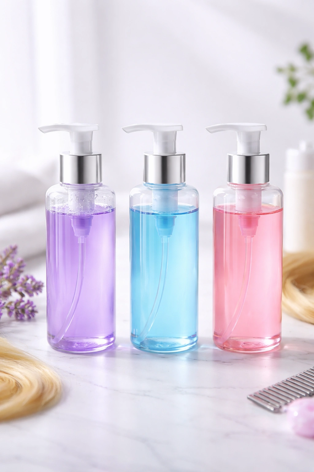 Assorted hair toner bottles showing violet, blue, and pink tones