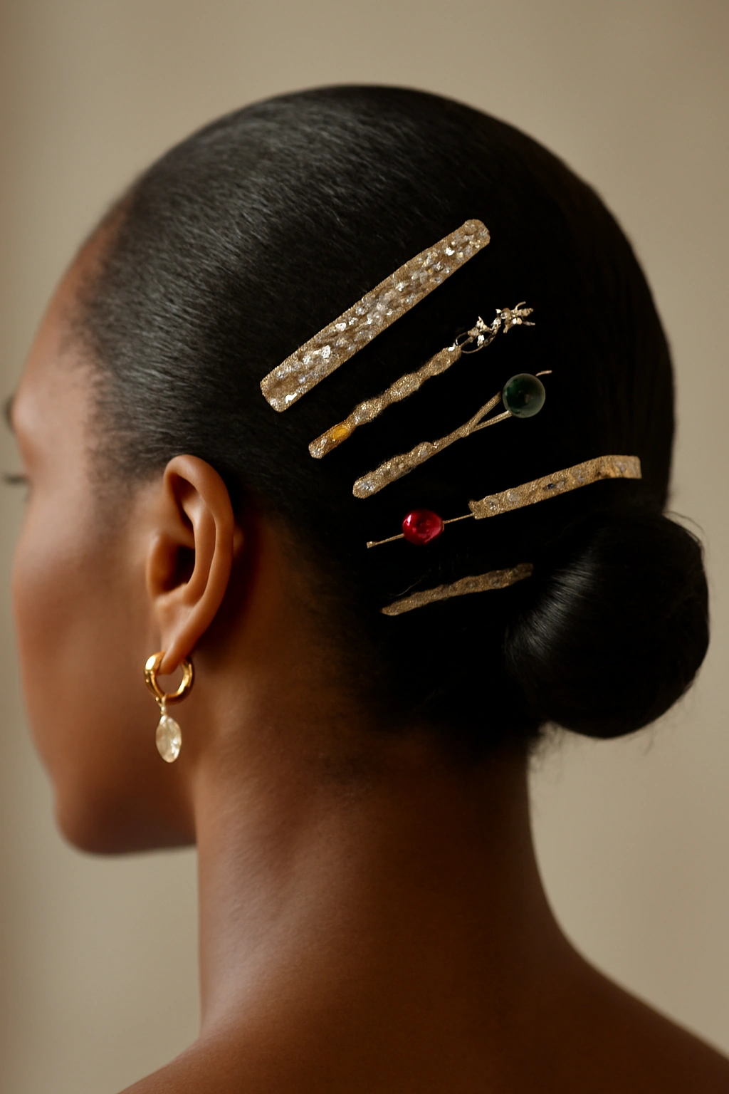 10 Pushback Hairstyles Black Women Can't Stop Wearing 7 Close-up of an accessorized pushback hairstyle with metal clips and rhinestone jewelry