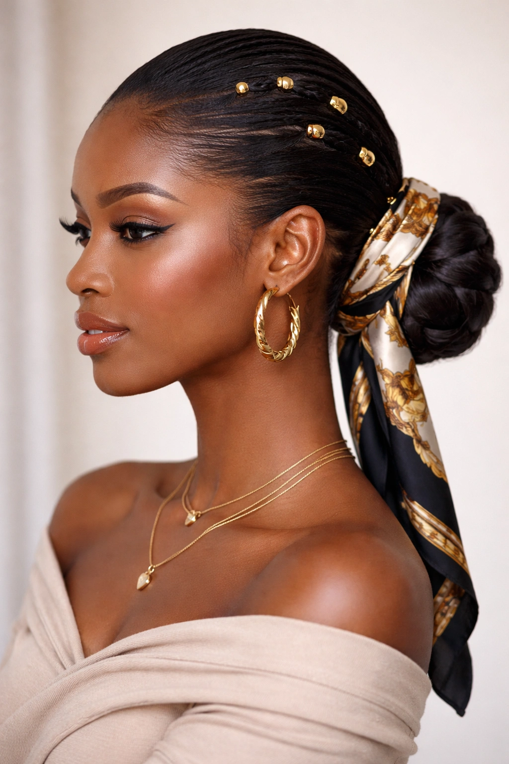 Pushback hairstyle with gold cuffs and silk scarf accessory