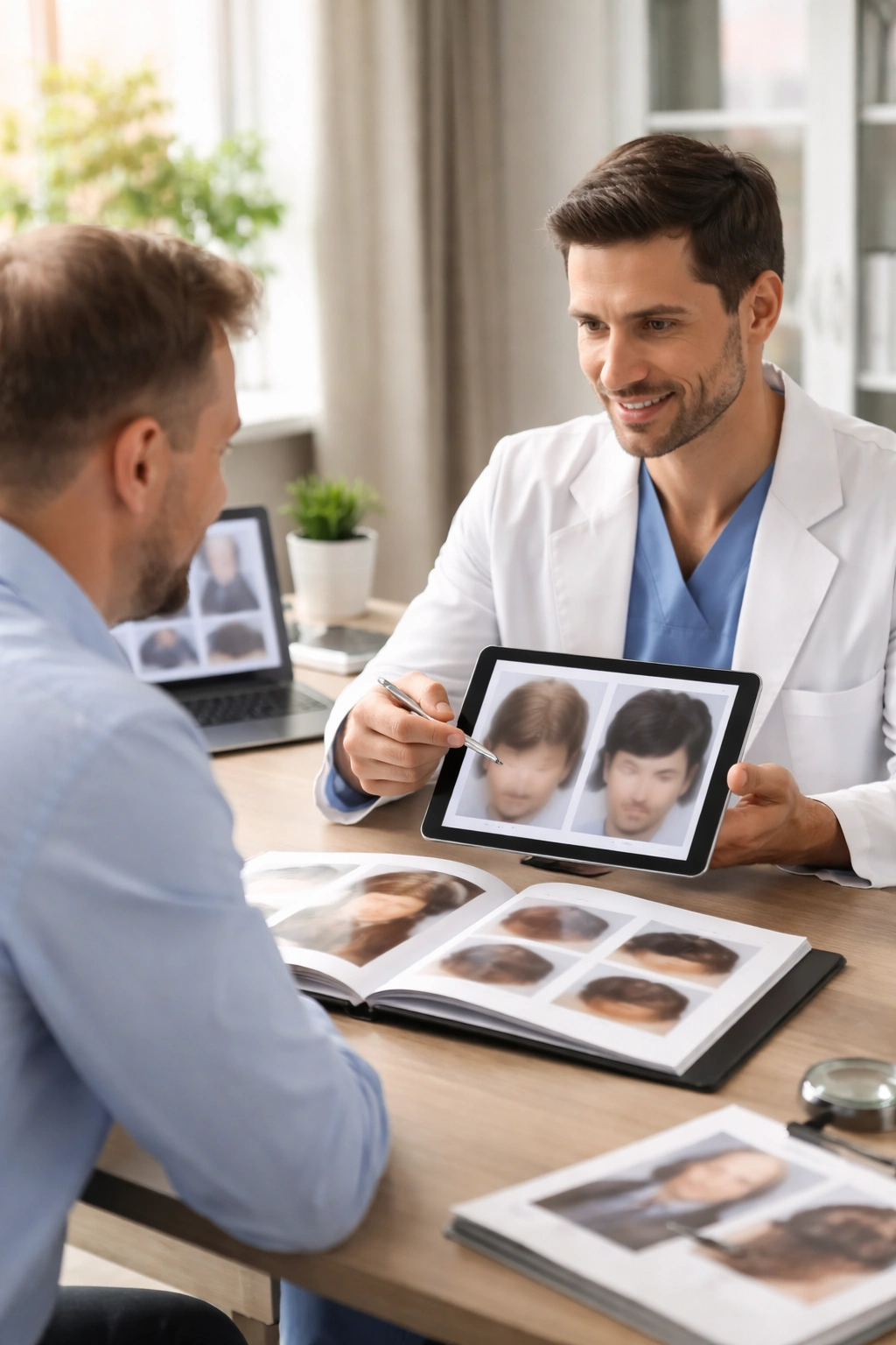 Consultation scene with patient and surgeon reviewing portfolios in a modern clinic.
