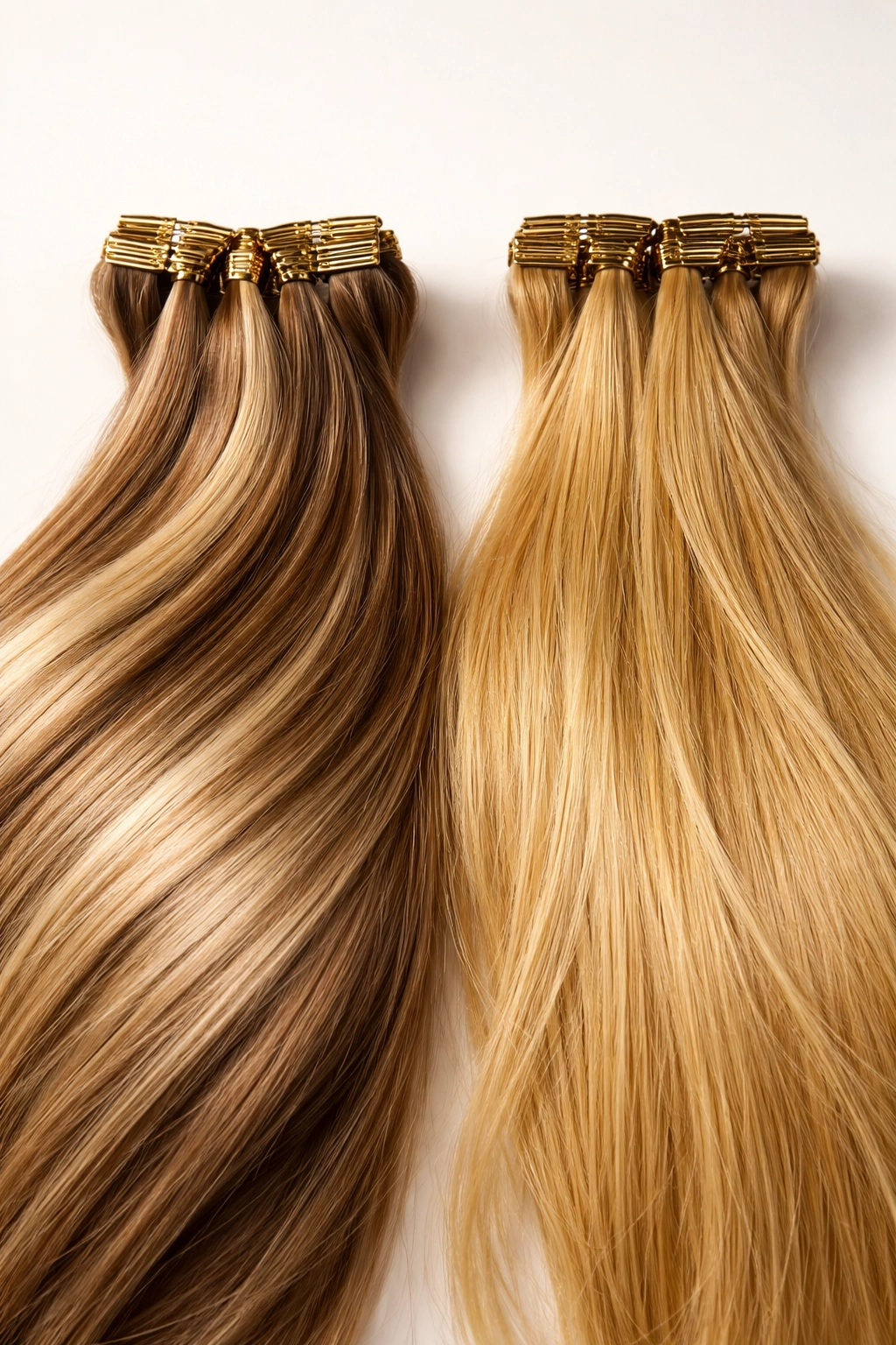 Side-by-side comparison of high-quality vs cheap hair extensions showing texture and color