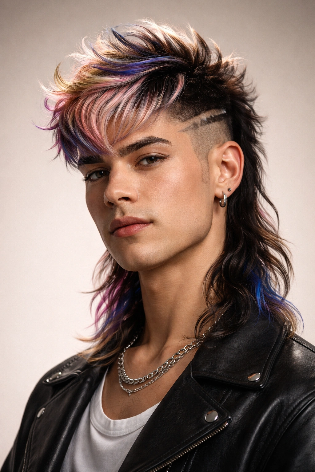 Portrait of a person with a bold haircut signaling queer hair culture in a studio