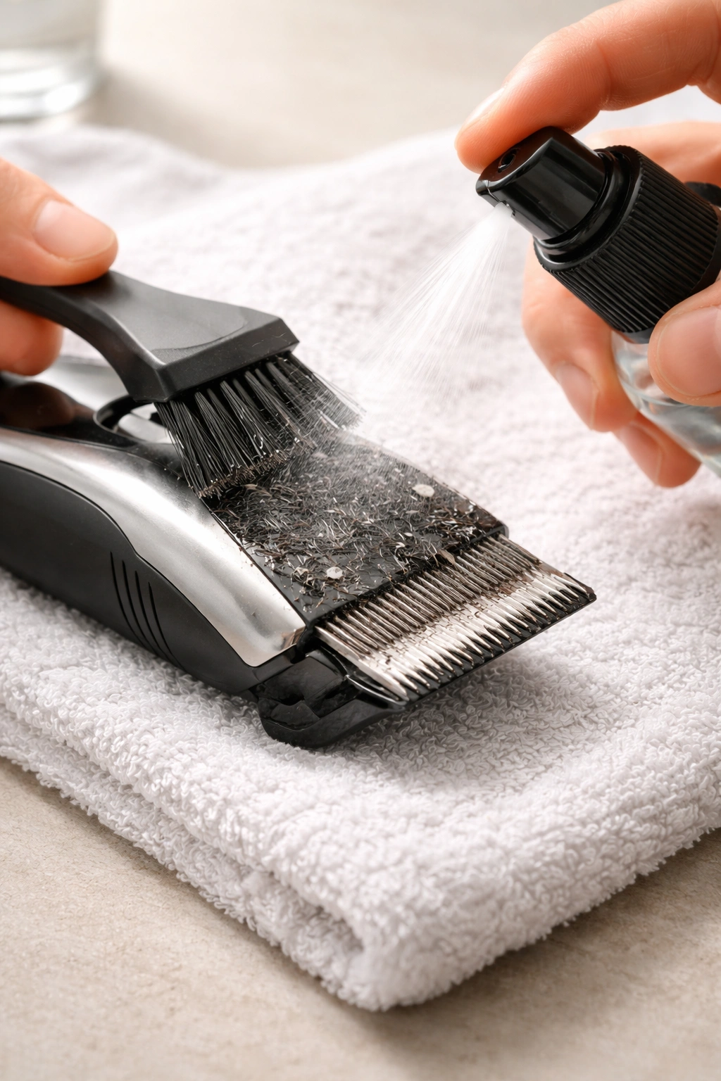 Clipper being quickly cleaned with brush and spray between uses