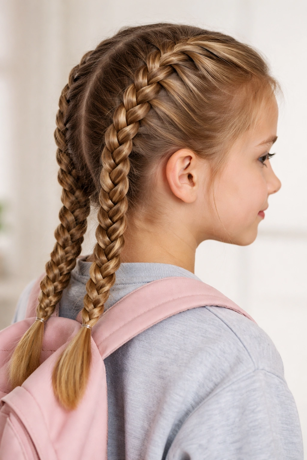 Two Dutch braids along the crown to the nape on a girl's head