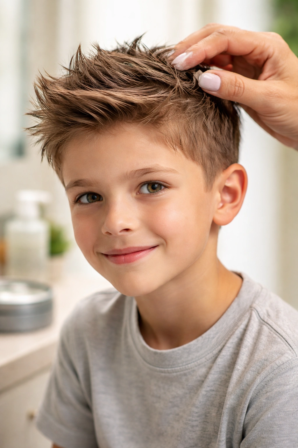 Hands applying matte paste to a boy's hair, demonstrating quick styling tips.