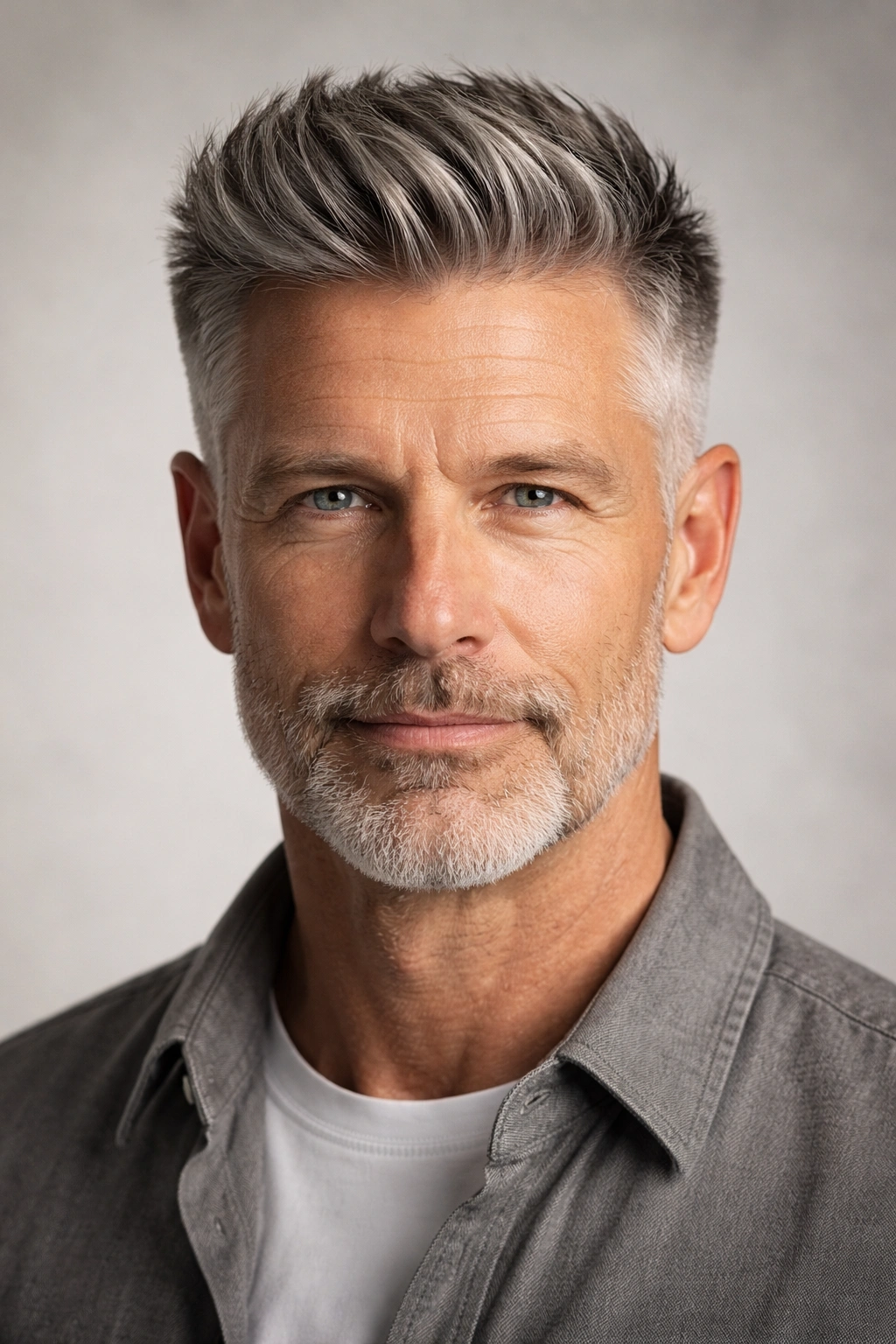 Front view of a man with a short quiff and faded sides.