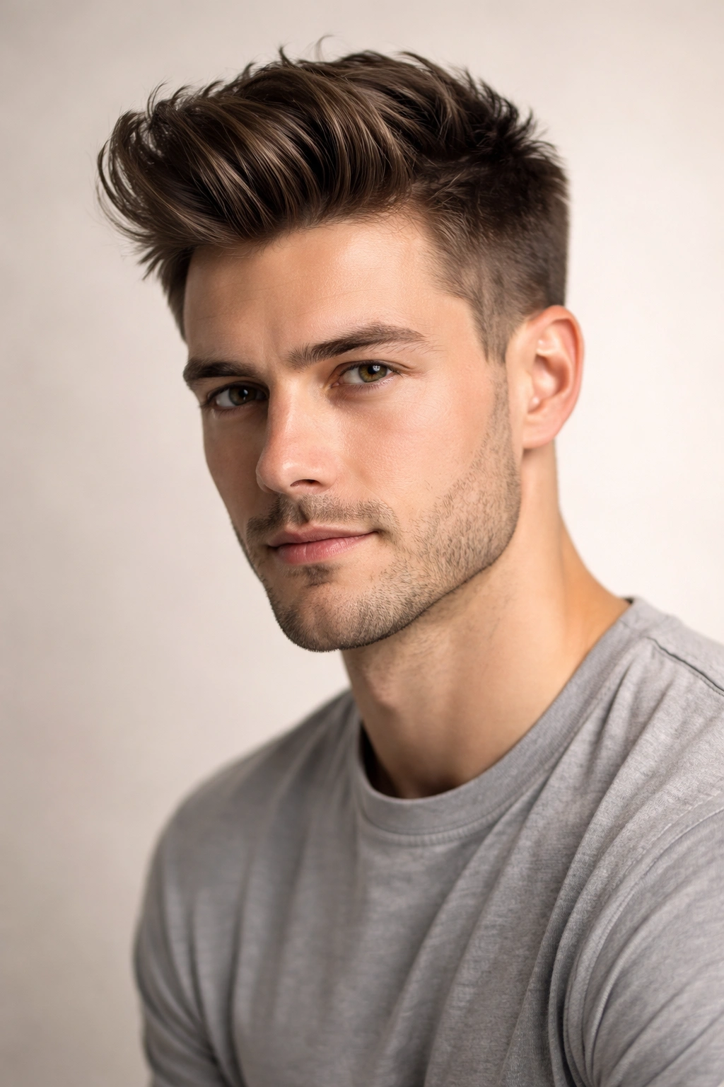 Man with a stylish quiff showing front volume and shorter sides