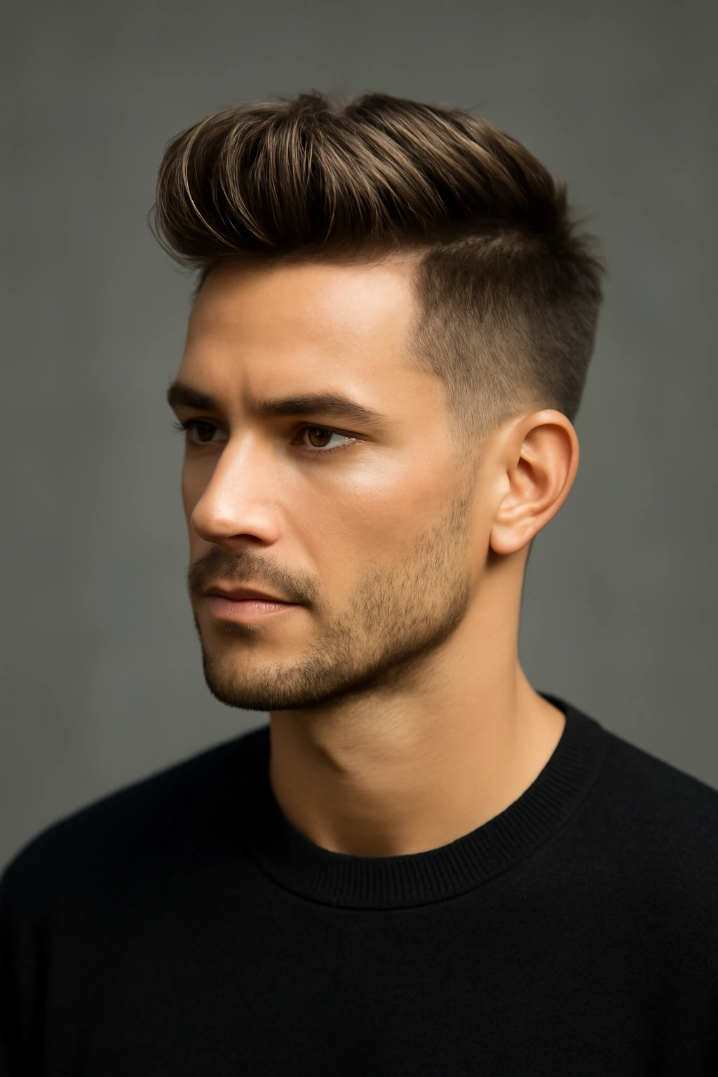 15 Sharp Short Haircuts Every Man Should Try 6 Portrait of a man with a quiff featuring a high, swept-up front
