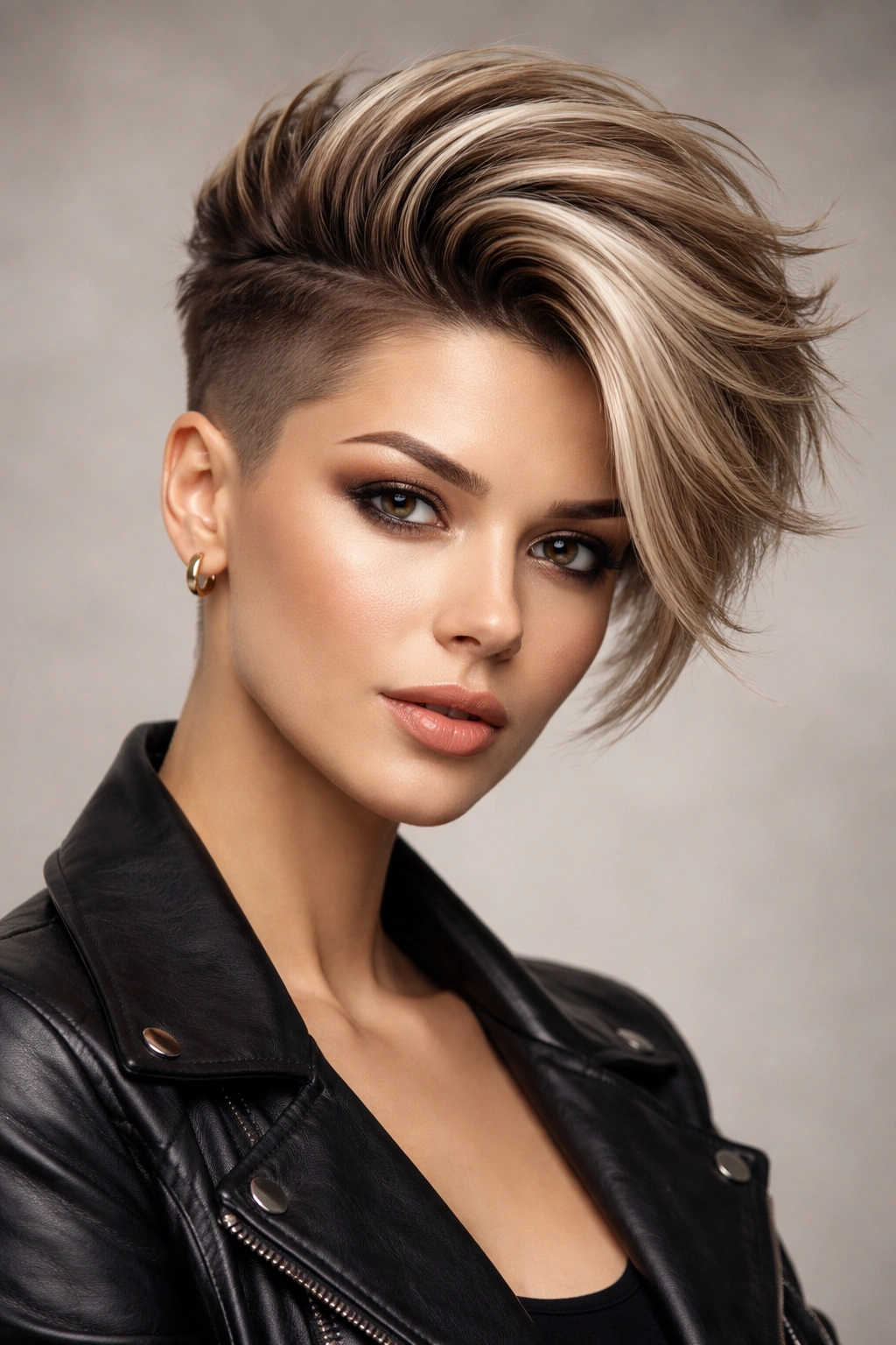 Portrait of a woman with a swept-over quiff and shaved sides, showcasing dramatic volume.