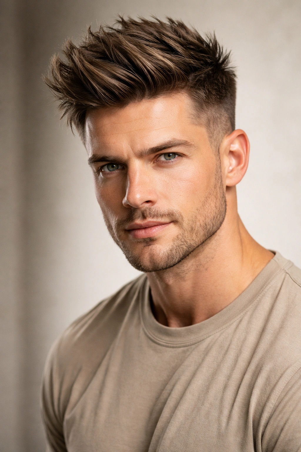 Close-up portrait of a person with a textured quiff on a square face