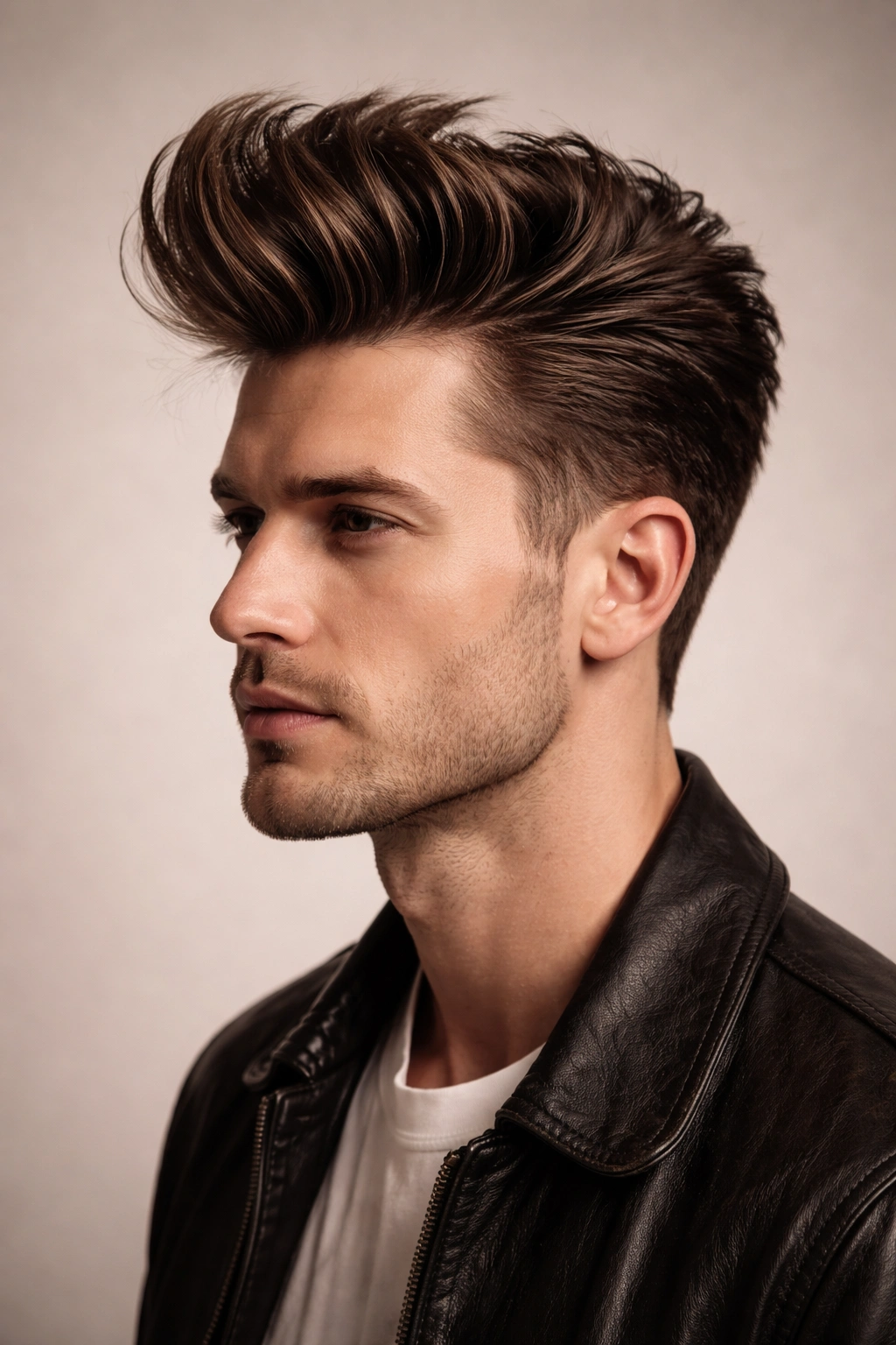 Portrait of a man with a tall quiff, featuring textured, upward-swept hair.