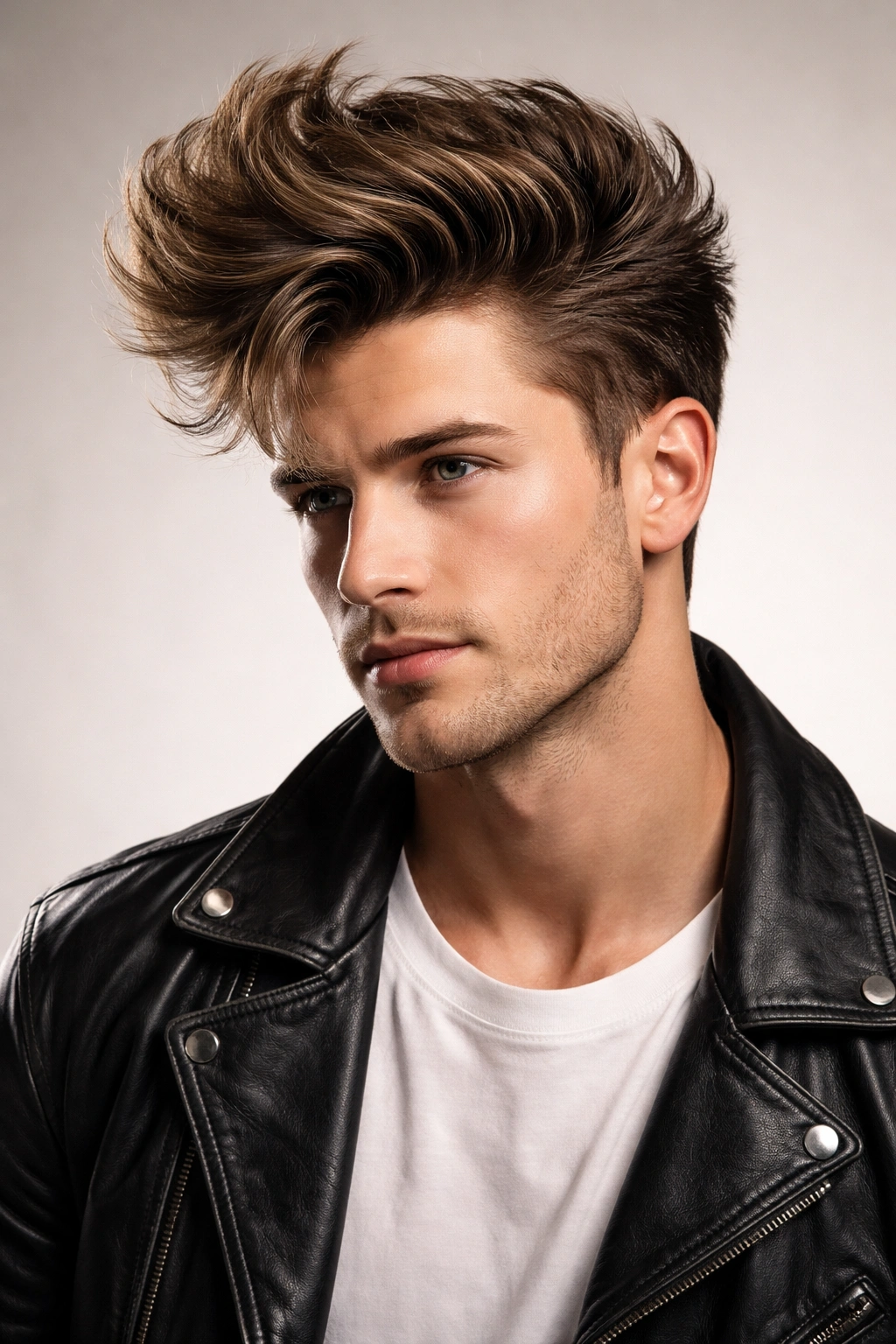 Close-up of quiff hairstyle with tall textured top and tapered sides