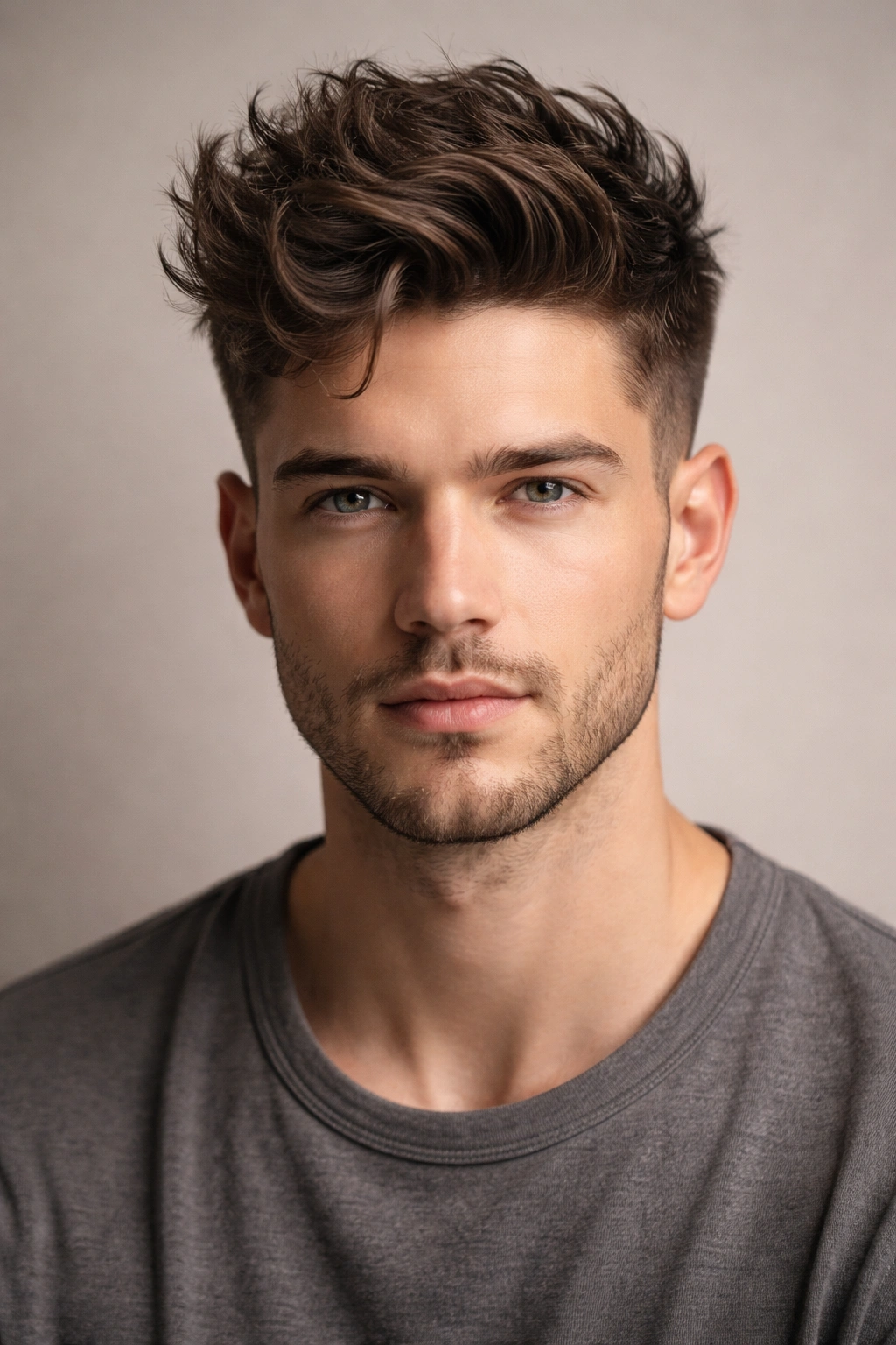Close-up portrait of a sharp textured quiff on wavy hair with faded sides in a studio setting.