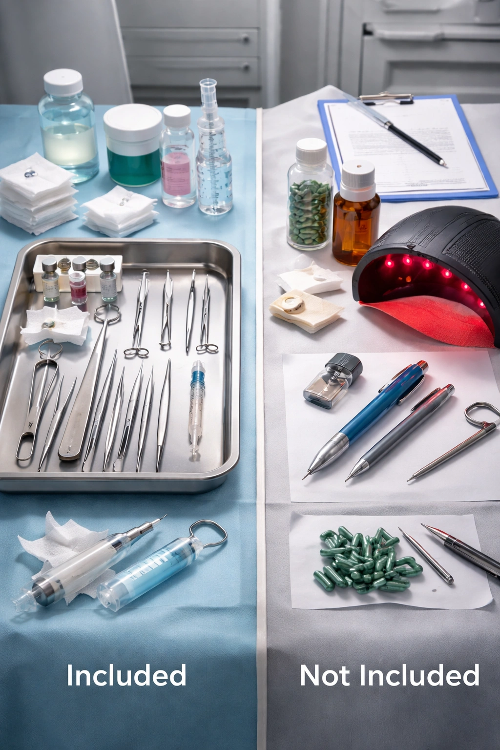 Sterile tray with complete and partial surgical kit items arranged to imply inclusions and exclusions.