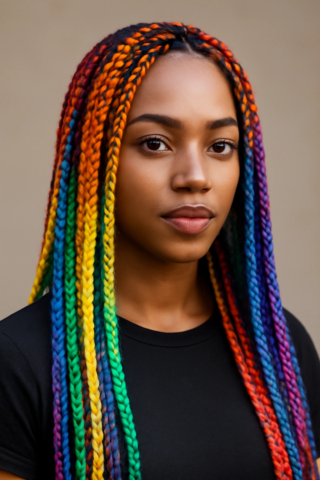 Rainbow box braids with multiple vivid colors around the head