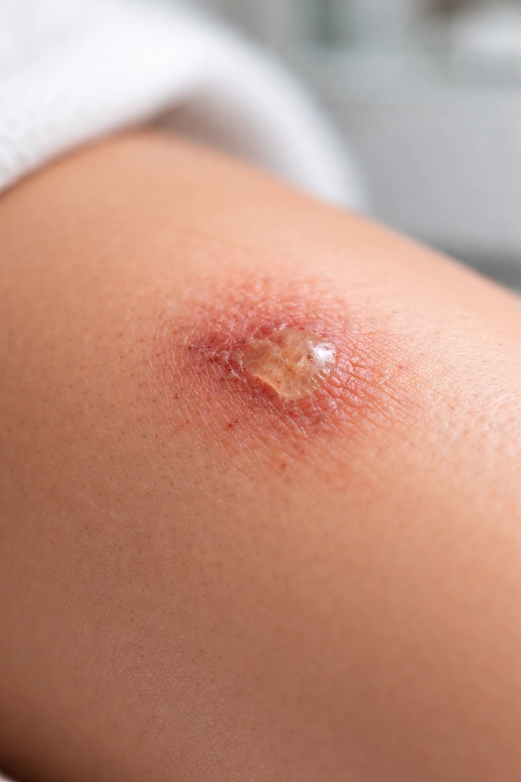 Close-up of a small healing blister or pigmentation change after laser