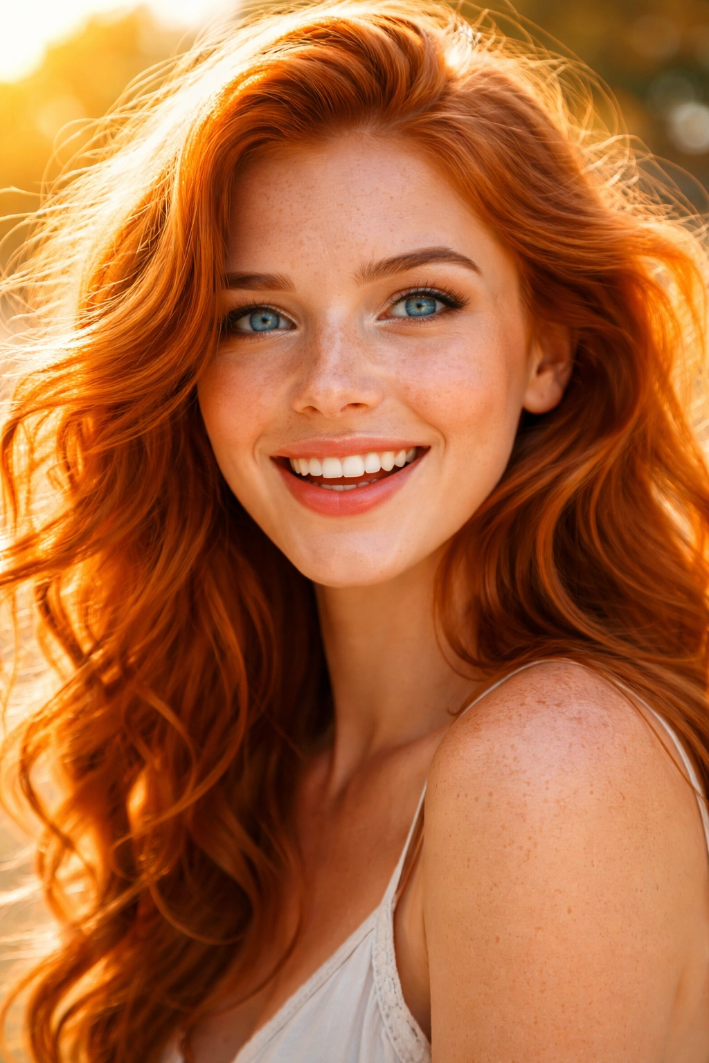 Bright portrait of red-haired blue-eyed person in sunshine celebrating rarity.