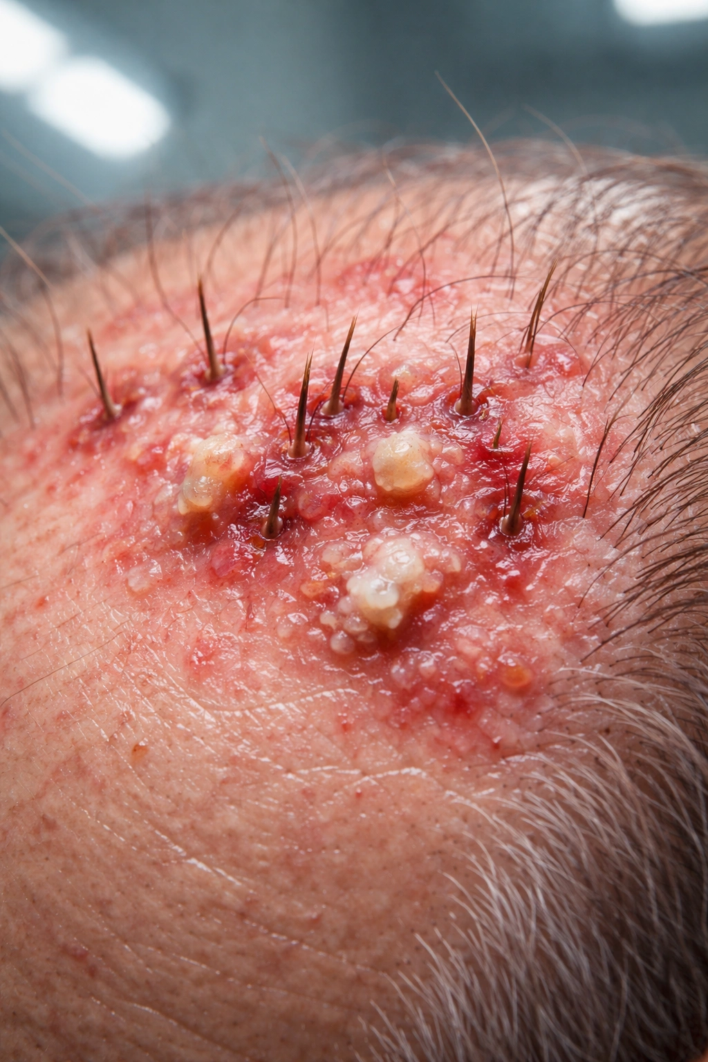 Close-up of scalp under clinical light illustrating rare serious complication risk area