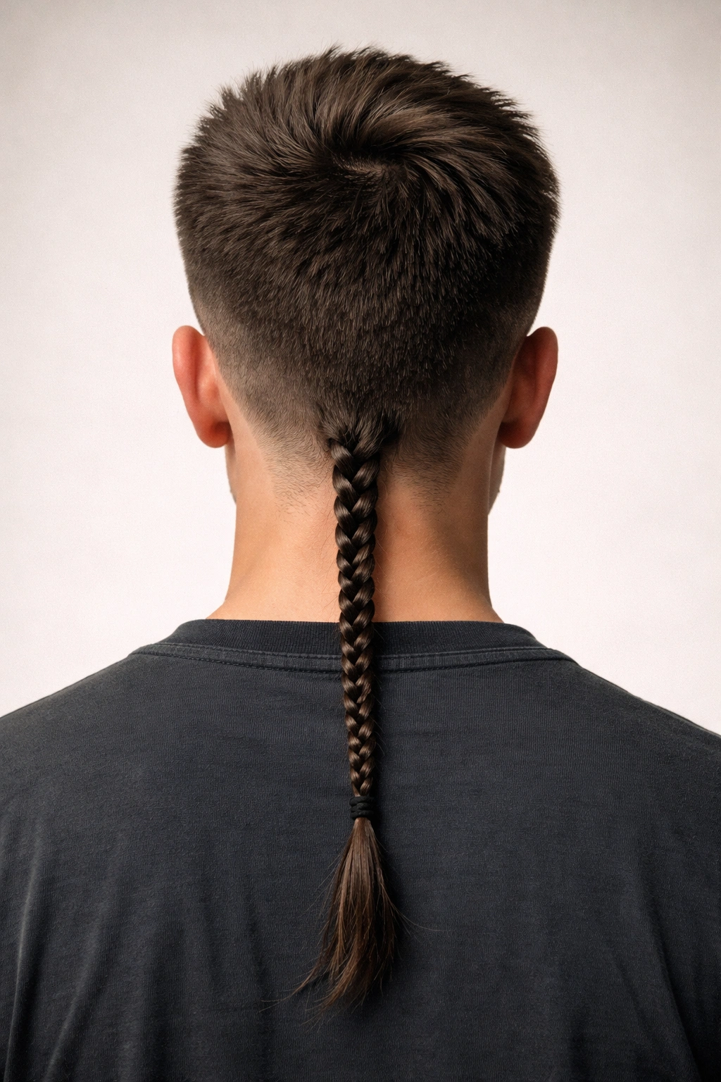 Back view of a person with a rat tail at the nape and short sides