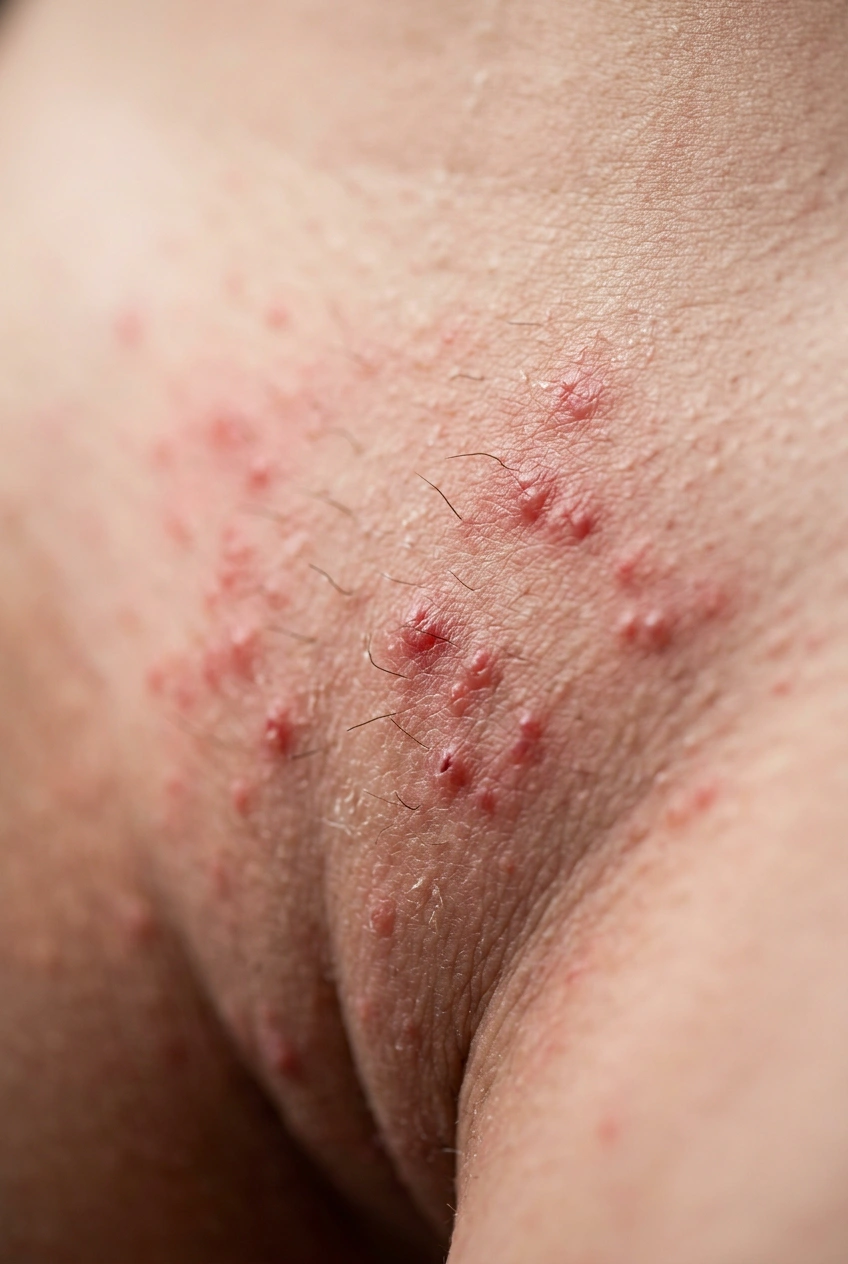 Close-up of pubic skin with razor burn red bumps