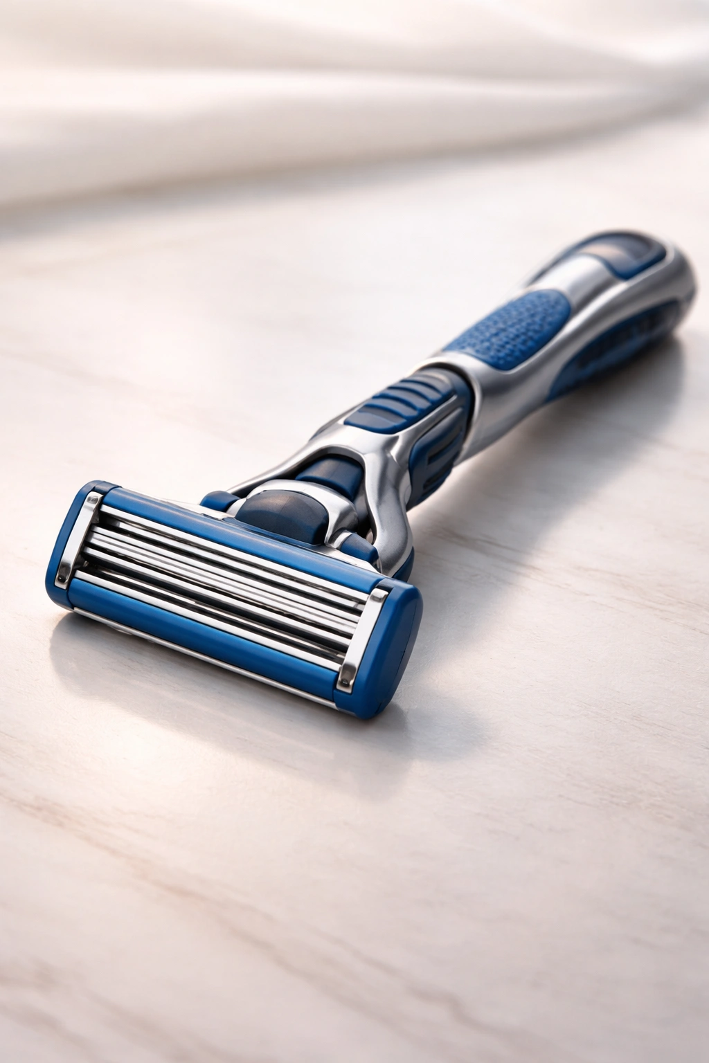 Close-up of a sleek disposable razor on a plain surface